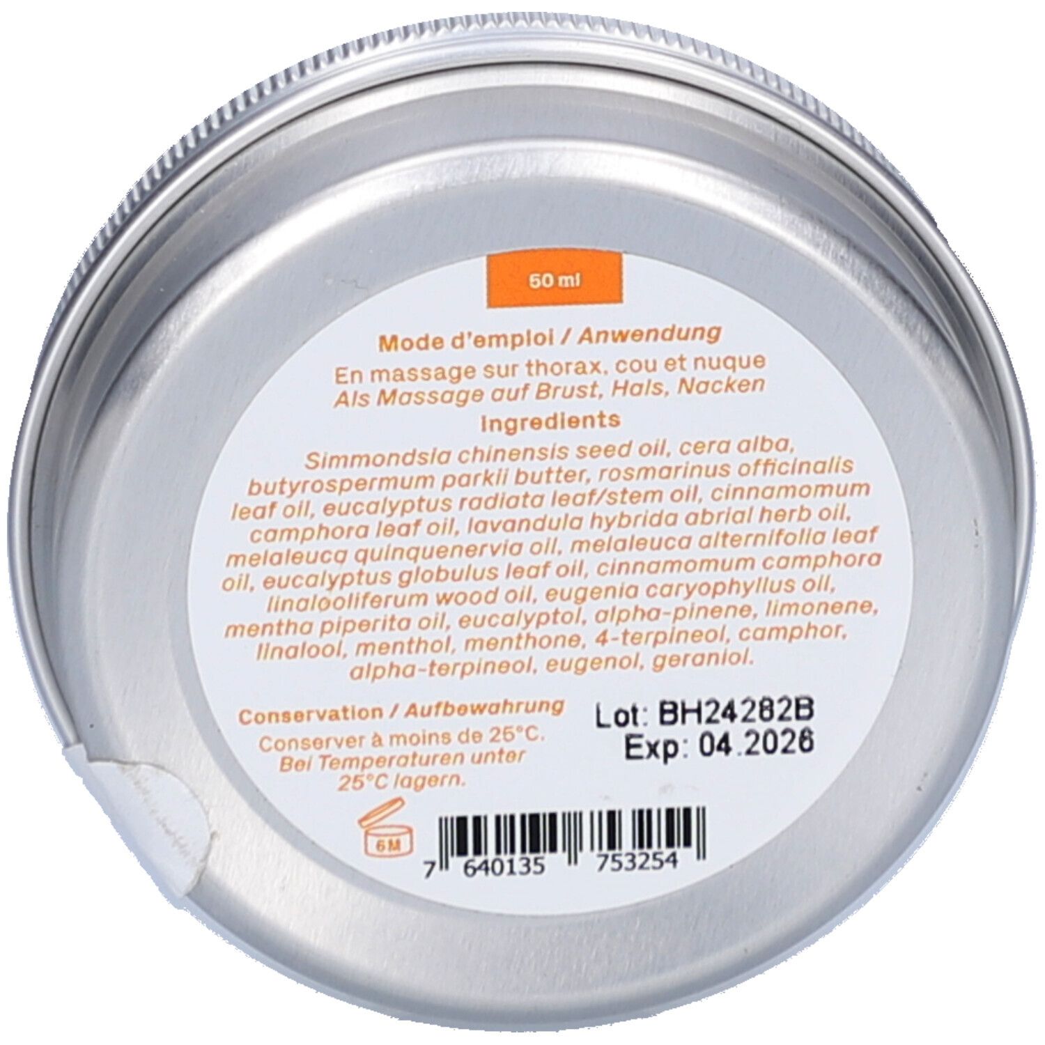 Fond de boîte avec texte. Texte: 50 ml, Mode d'emploi, Ingrédients, Conservation. Numéro de lot et date d'expiration.