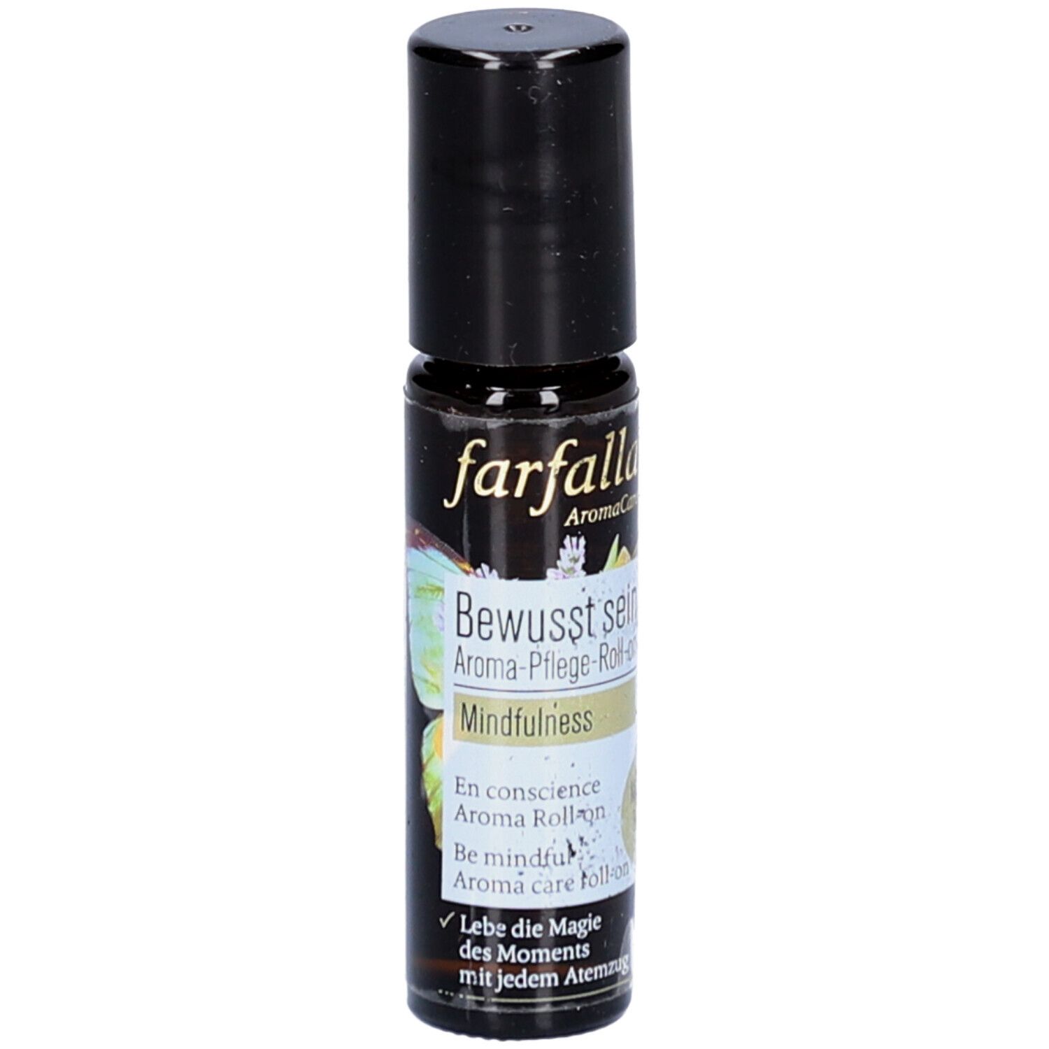 Flacon en verre brun avec bouchon noir. Inscription: farfalla AromaCare, Bewusst sein, Mindfulness. Roll-on.