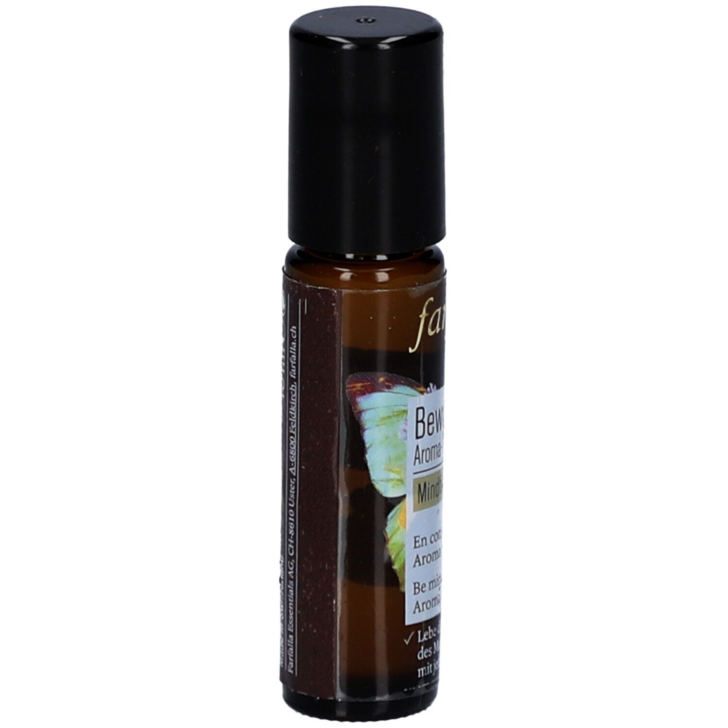 Flacon en verre brun avec bouchon noir. Inscription: farfalla, Bewusst sein, Mindfulness. Étiquette avec papillon.