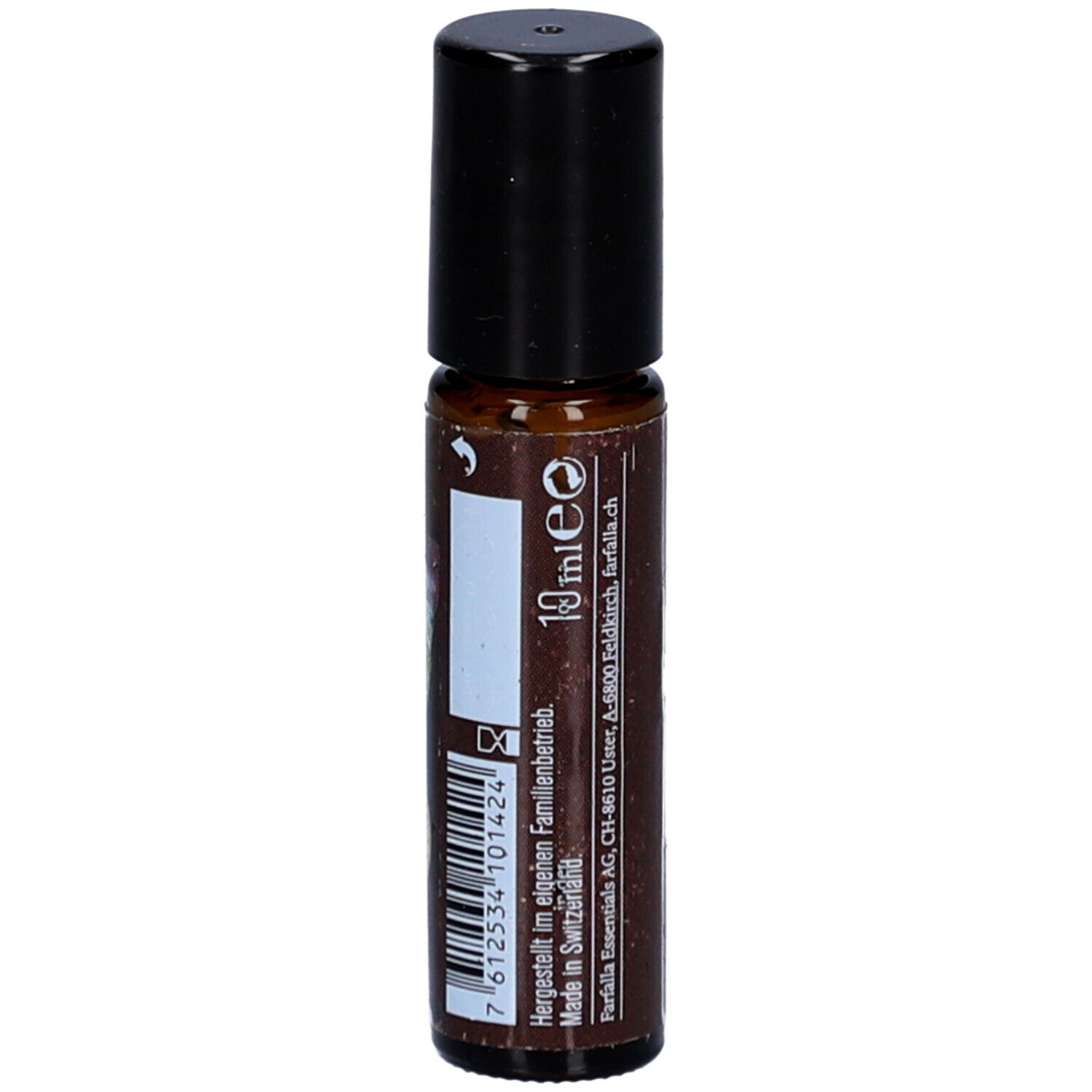 Flacon en verre brun avec bouchon noir. Inscription: 10 ml e. Code-barres et texte: Farfalla Essentials AG, CH-8610 Uster.