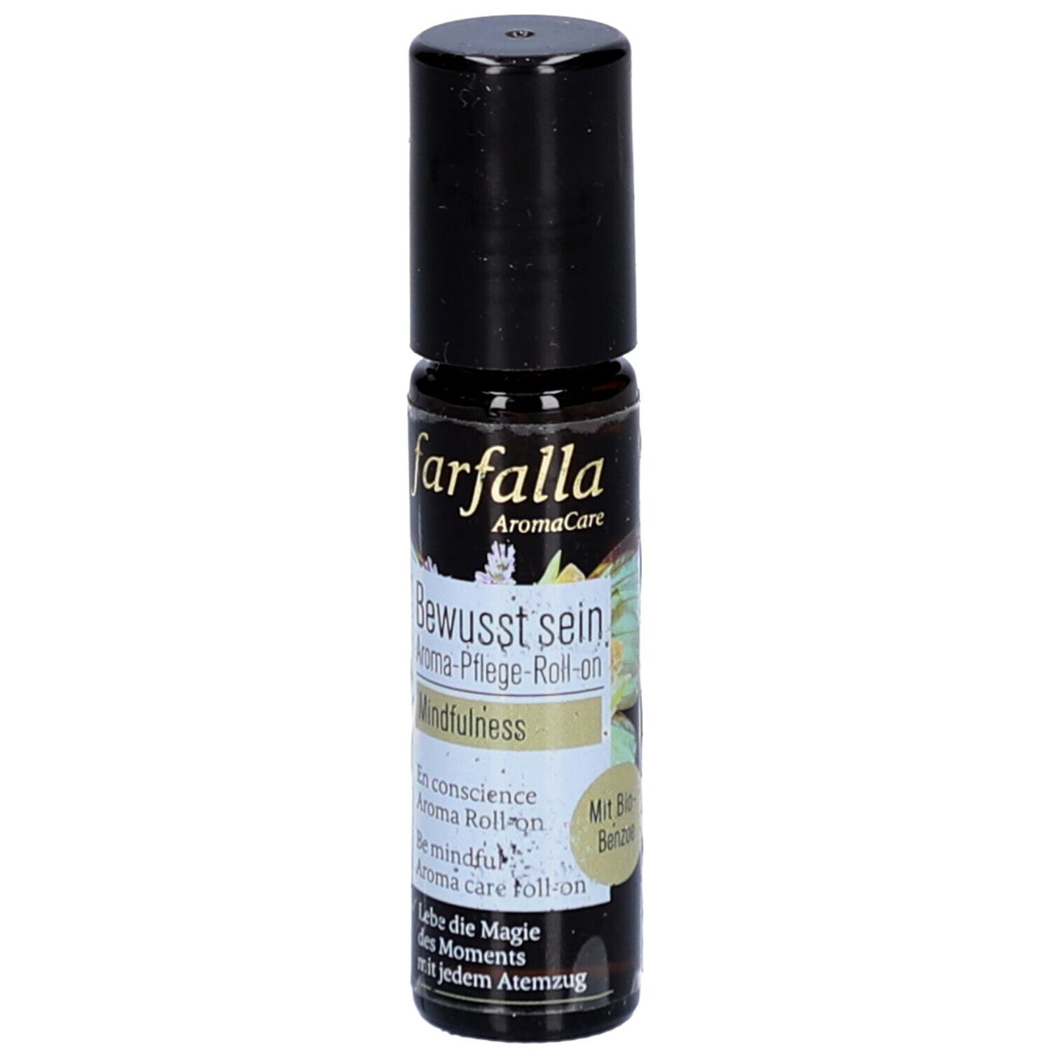 Flacon en verre brun avec bouchon noir. Inscription: farfalla AromaCare, Bewusst sein, Mindfulness. Roll-on. Avec Benjoin bio.