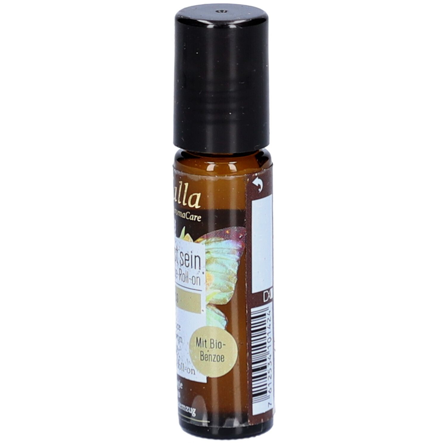 Flacon en verre brun avec bouchon noir. Inscription: farfalla AromaCare, Bewusst sein, Mindfulness. Avec Benjoin bio.