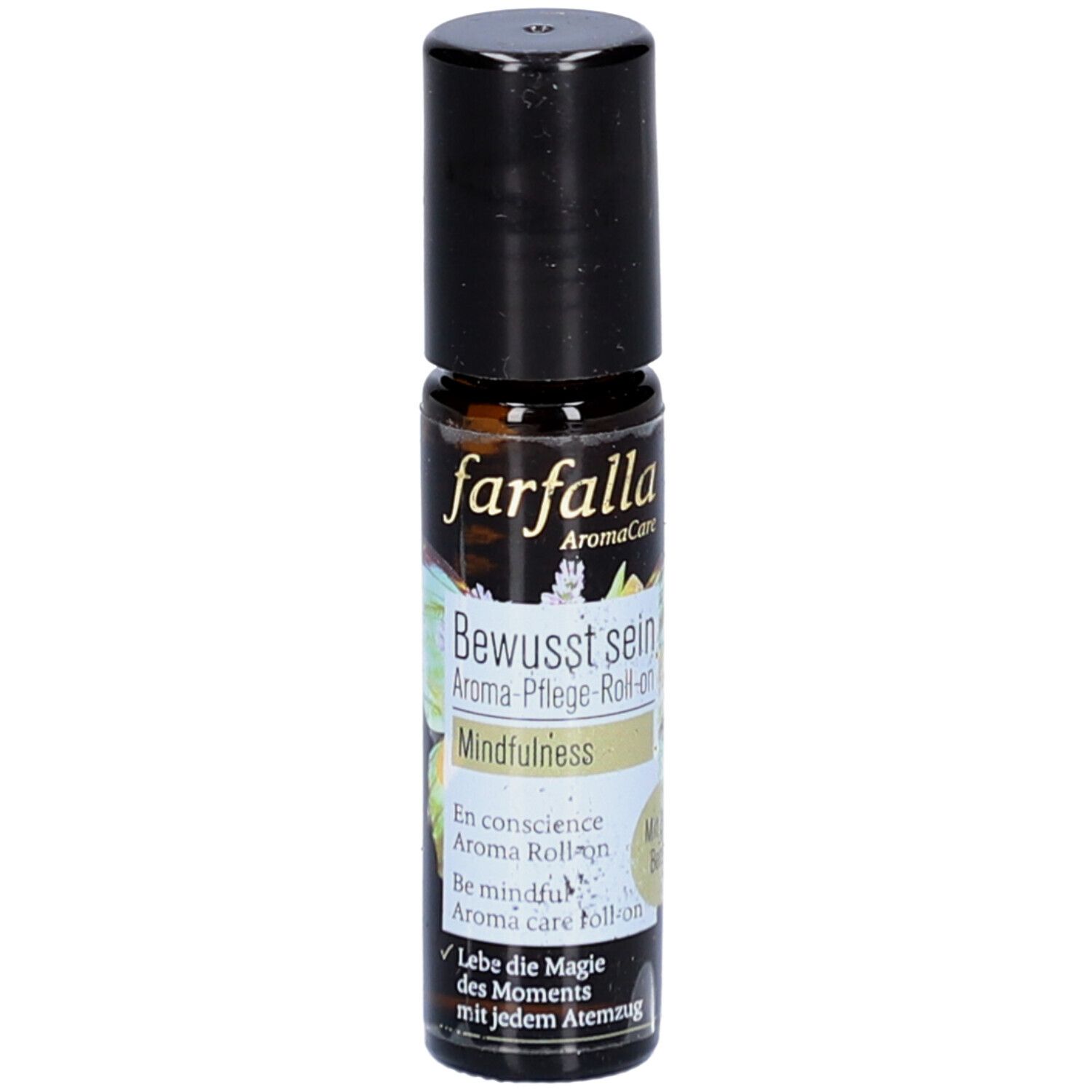 Flacon en verre brun avec bouchon noir. Inscription: farfalla AromaCare, Bewusst sein, Mindfulness. Roll-on.