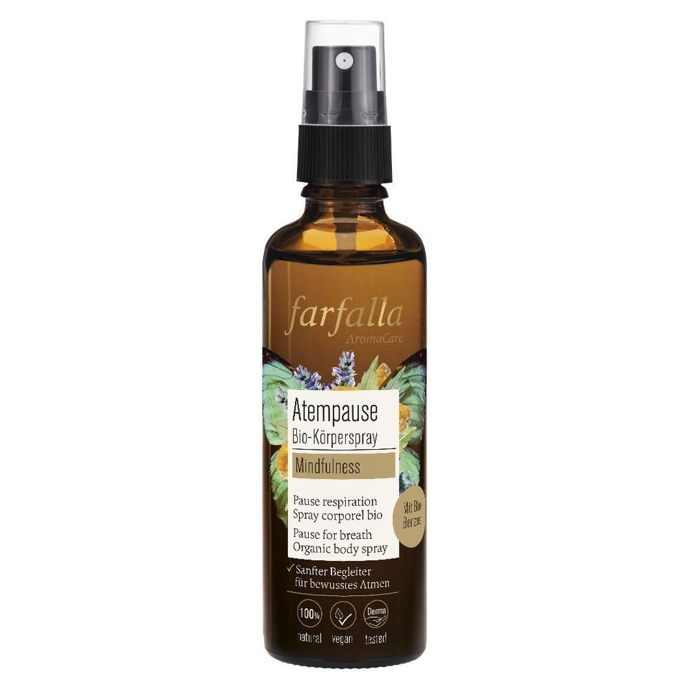 Flacon en verre brun avec vaporisateur. Inscription: farfalla, Atempause Bio-Körperspray. Étiquette avec motif floral et informations produit.