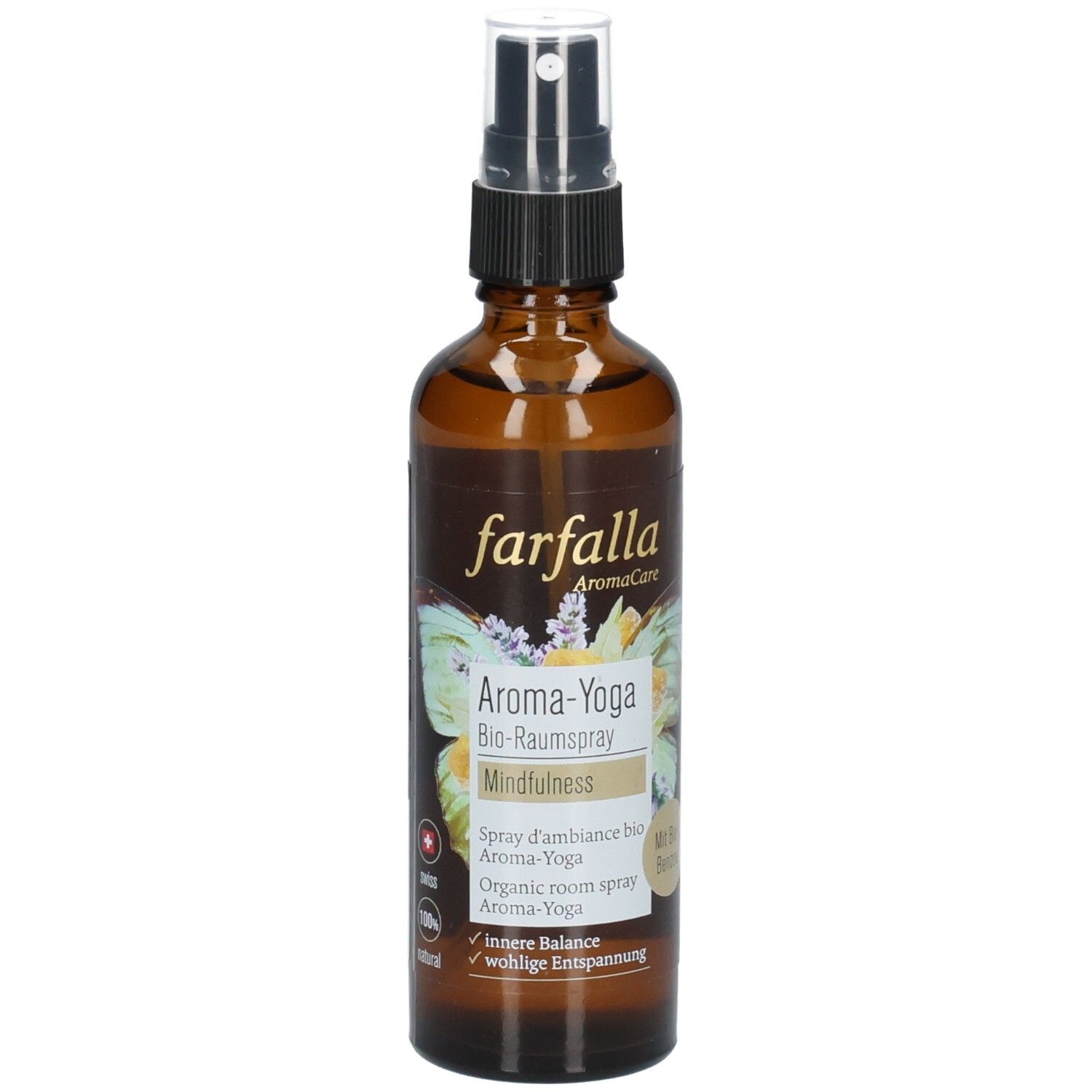 Flacon en verre brun avec vaporisateur. Inscription : farfalla, Aroma-Yoga, Mindfulness. Avec label bio et logos.