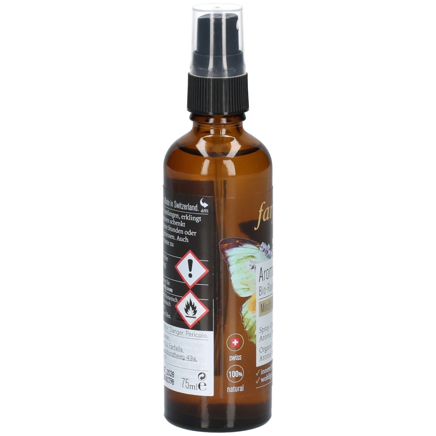 Flacon en verre brun avec vaporisateur. Dos avec texte et symboles de danger. Inscription : 75ml.