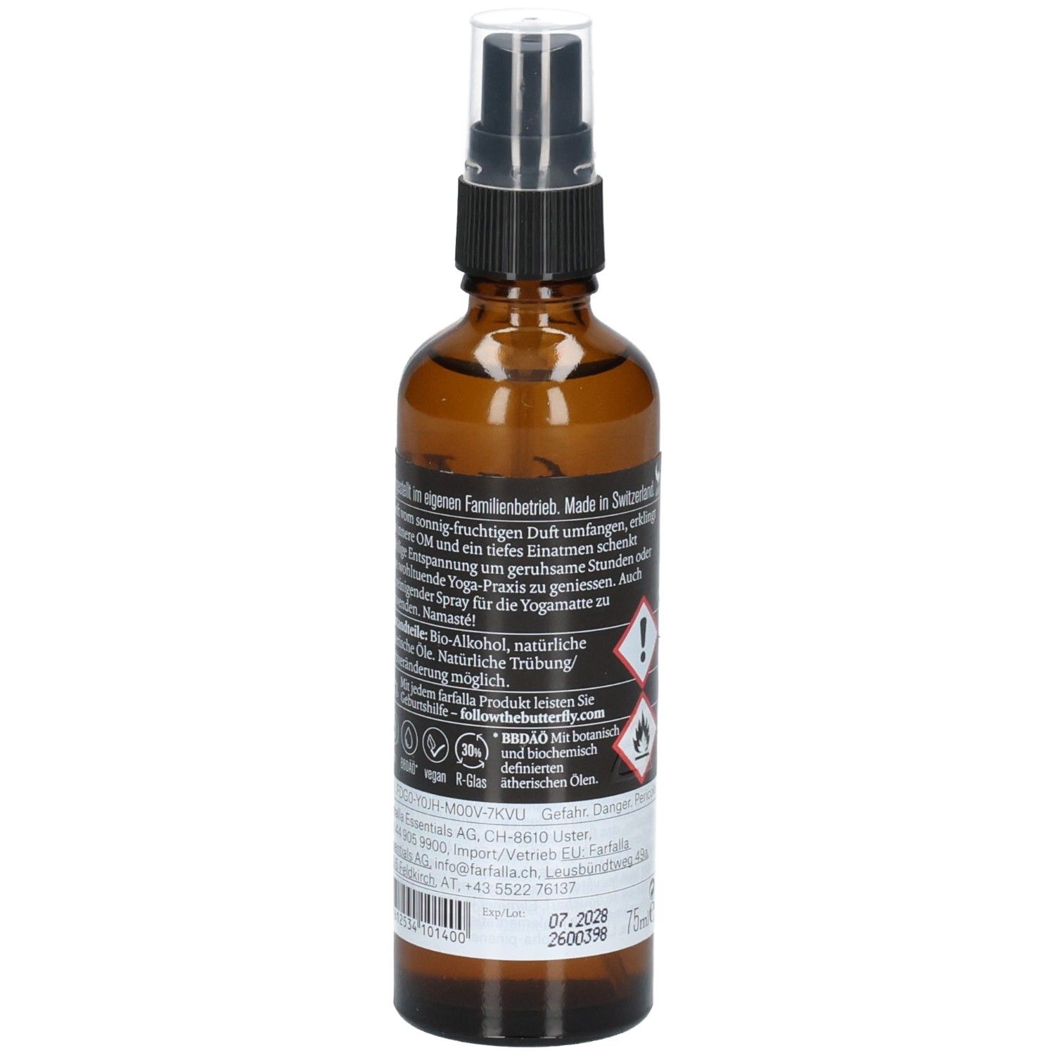 Flacon en verre brun avec vaporisateur. Dos avec texte, symboles de danger et numéro de lot. Inscription : 75ml.
