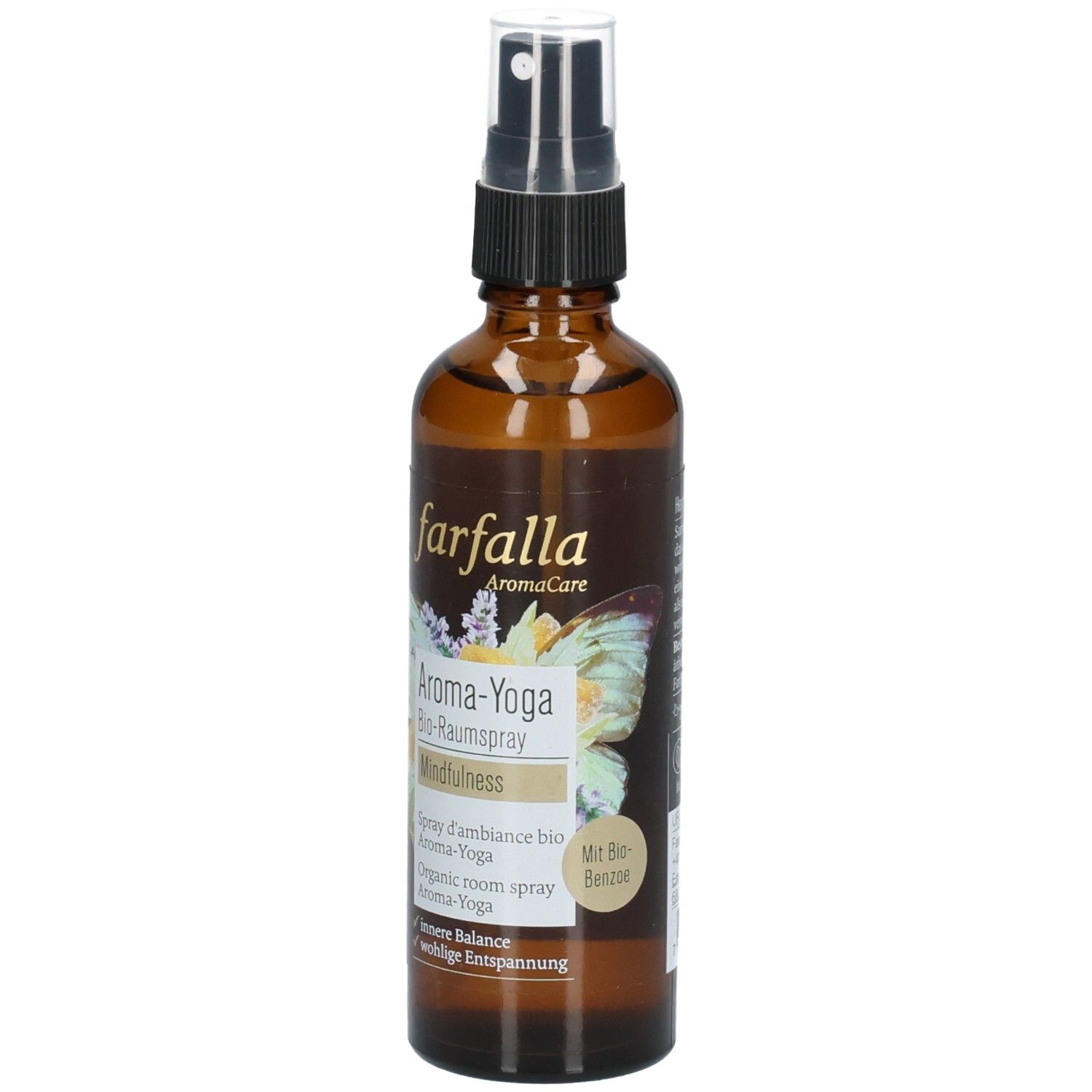 Flacon en verre brun avec vaporisateur. Inscription : farfalla, Aroma-Yoga, Mindfulness. Avec label bio et logos.