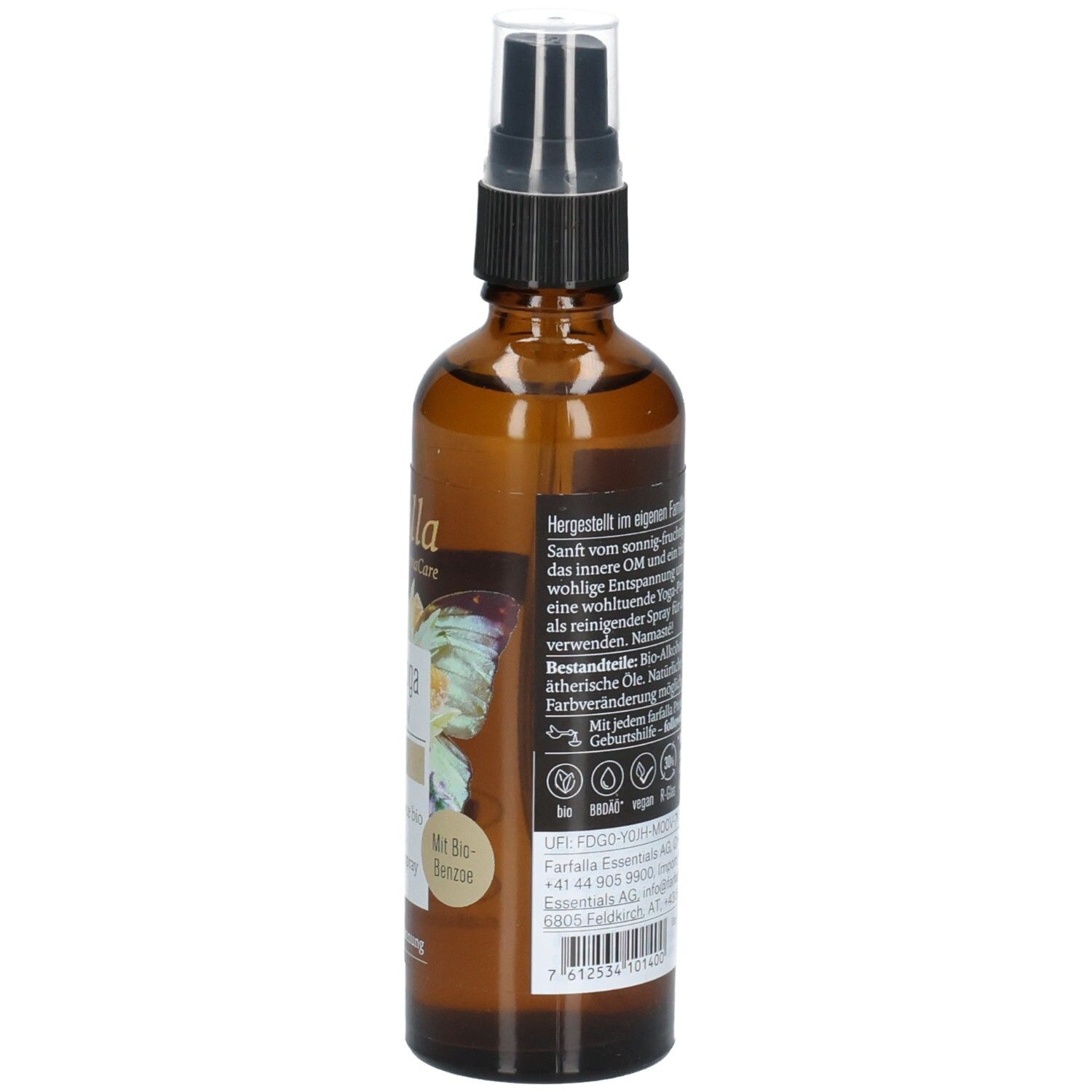 Flacon en verre brun avec vaporisateur. Dos avec texte et symboles de danger. Inscription : 75ml.