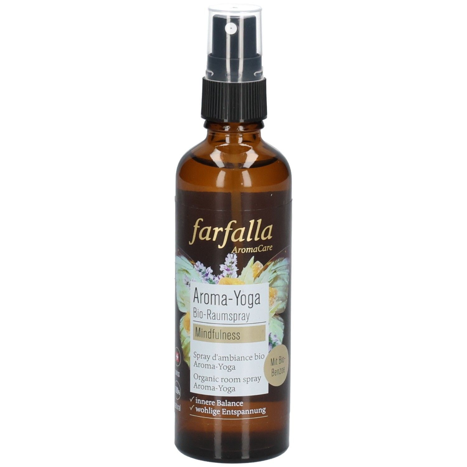 Flacon en verre brun avec vaporisateur. Inscription : farfalla, Aroma-Yoga, Mindfulness. Avec label bio et logos.