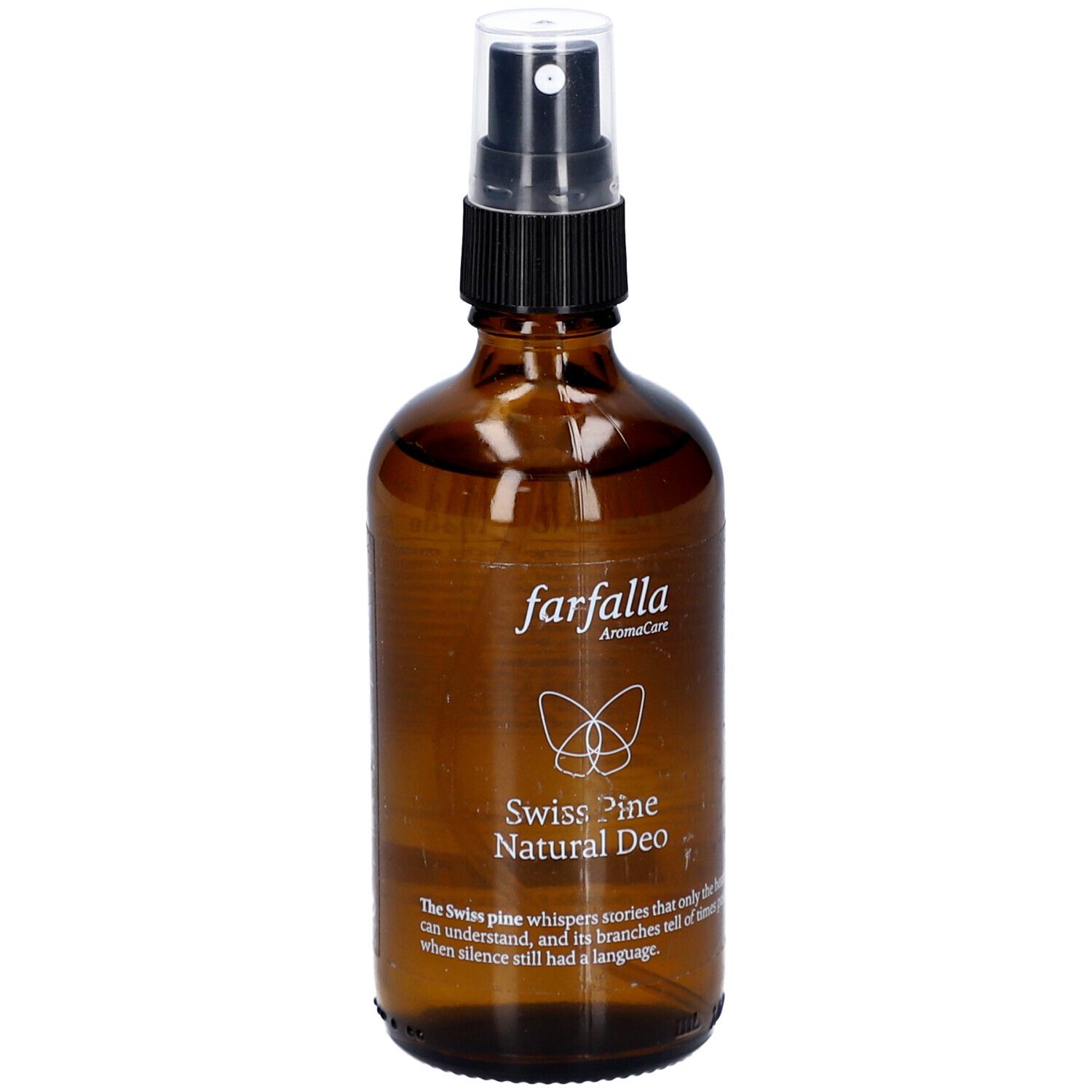 Flacon en verre brun avec vaporisateur. Inscription : farfalla AromaCare, Swiss Pine Natural Deo. Avec texte et logo.