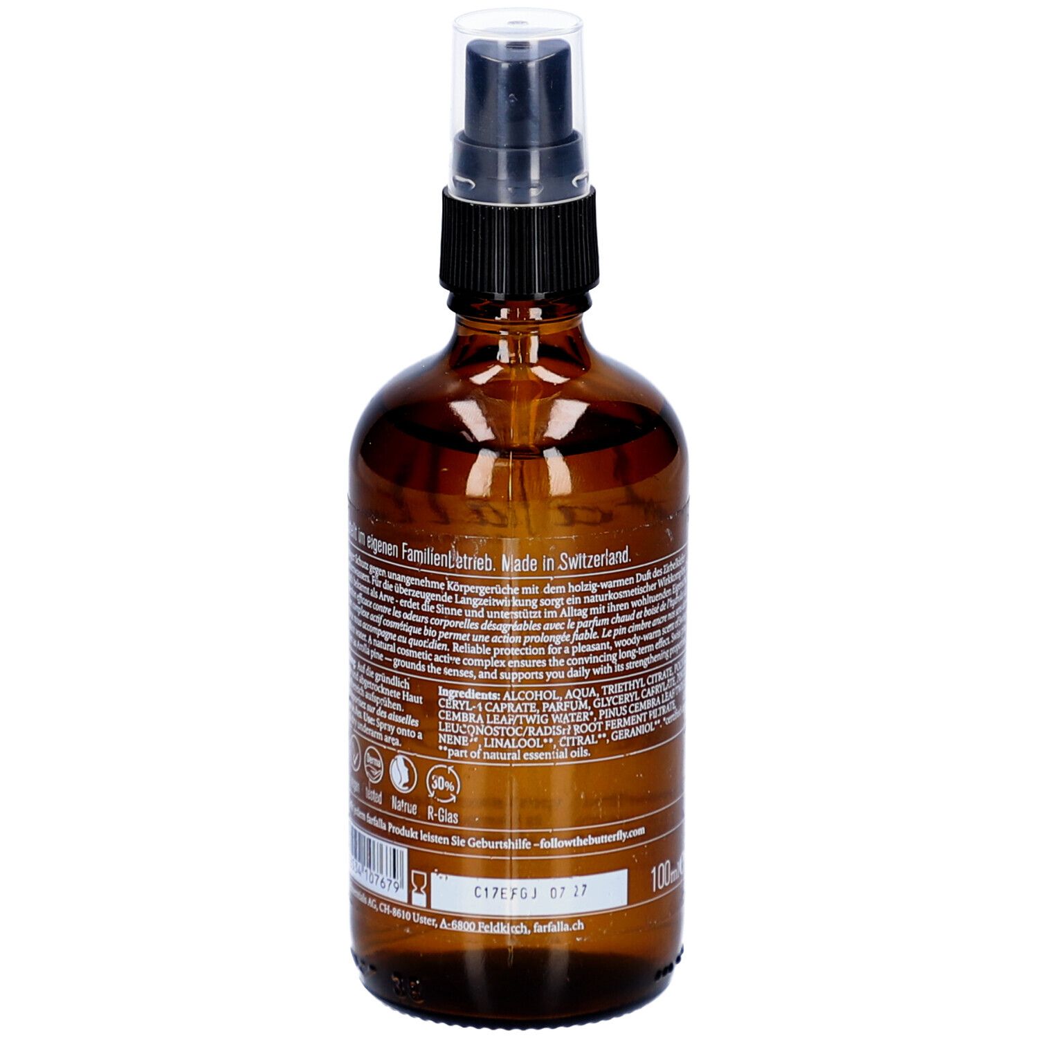 Flacon en verre brun avec vaporisateur. Dos avec texte, ingrédients et numéro de lot. 100ml.