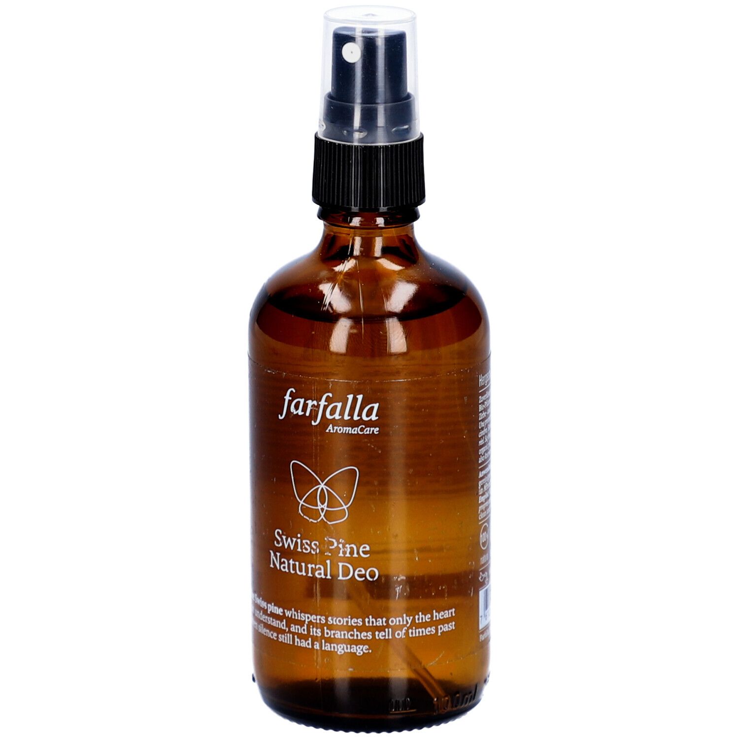Flacon en verre brun avec vaporisateur. Inscription : farfalla AromaCare, Swiss Pine Natural Deo. Avec texte et logo.