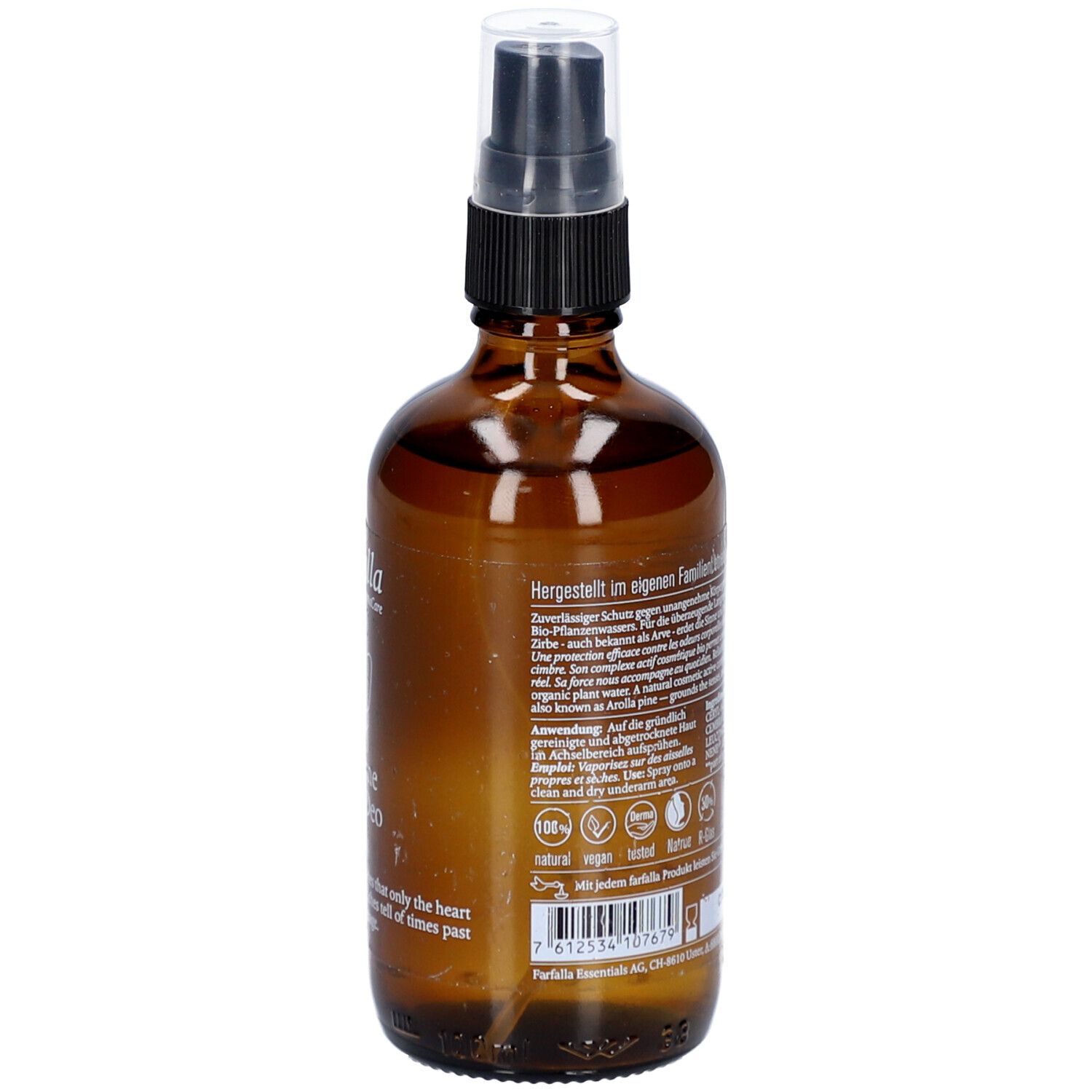Flacon en verre brun avec vaporisateur. Dos avec texte, ingrédients et logos. 100ml.