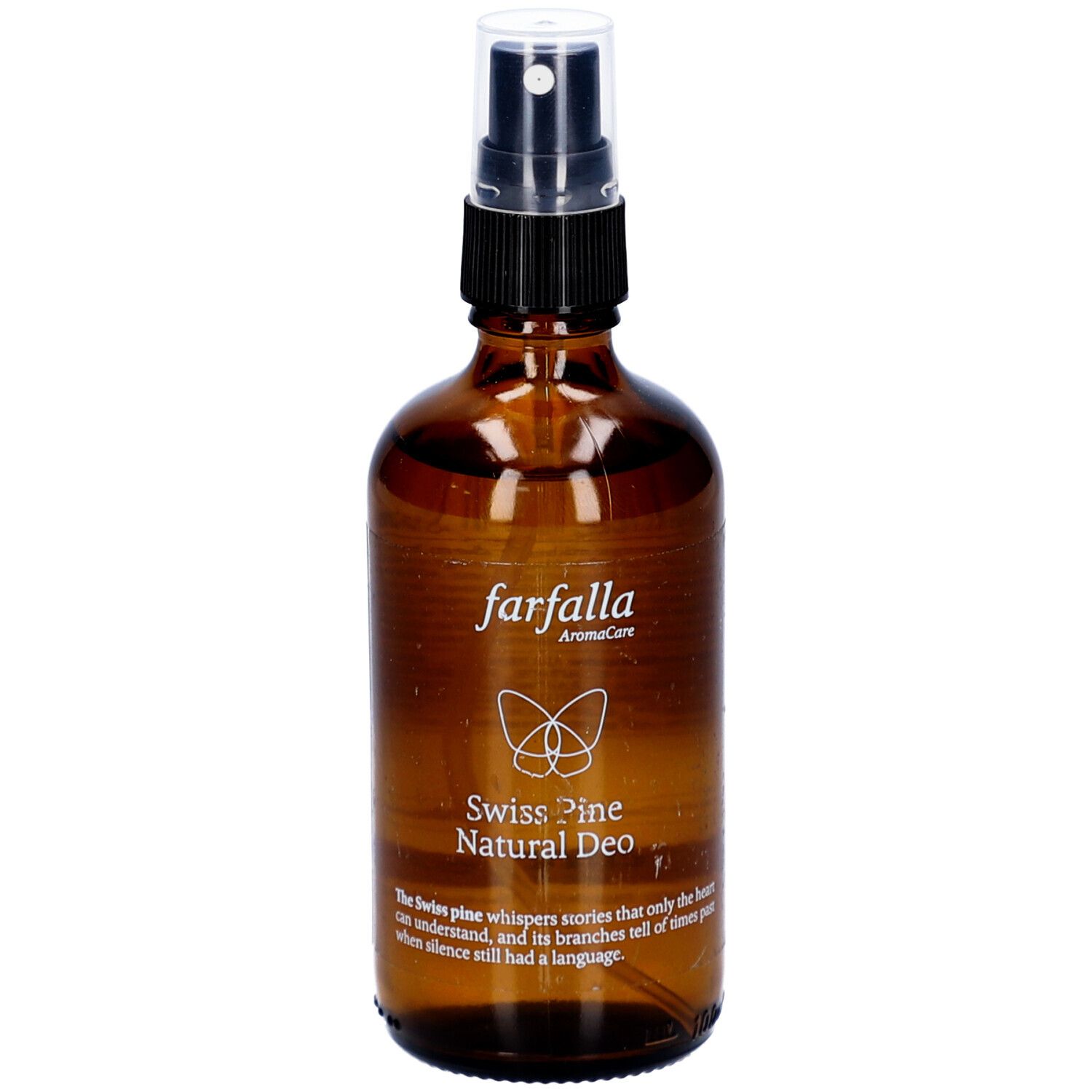 Flacon en verre brun avec vaporisateur. Inscription : farfalla AromaCare, Swiss Pine Natural Deo. Avec texte et logo.