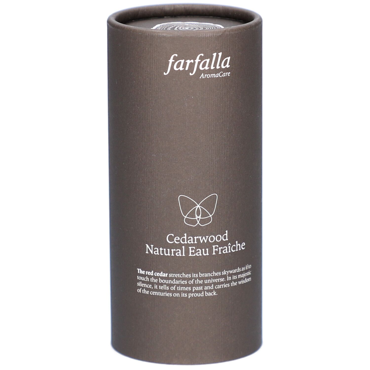 Boîte cylindrique en carton marron avec inscriptions 'farfalla AromaCare Cedarwood Natural Eau Fraiche'.
