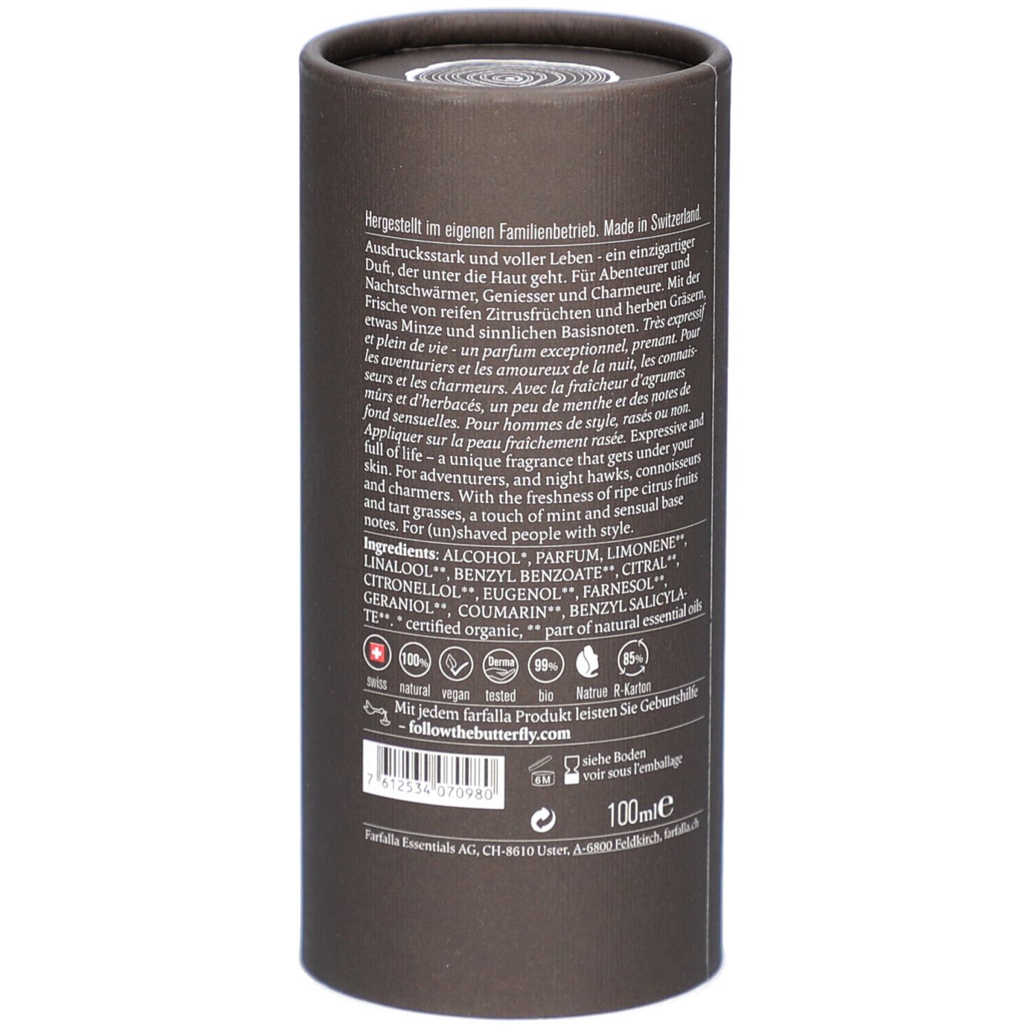 Boîte cylindrique en carton brun avec texte et ingrédients. 100ml.