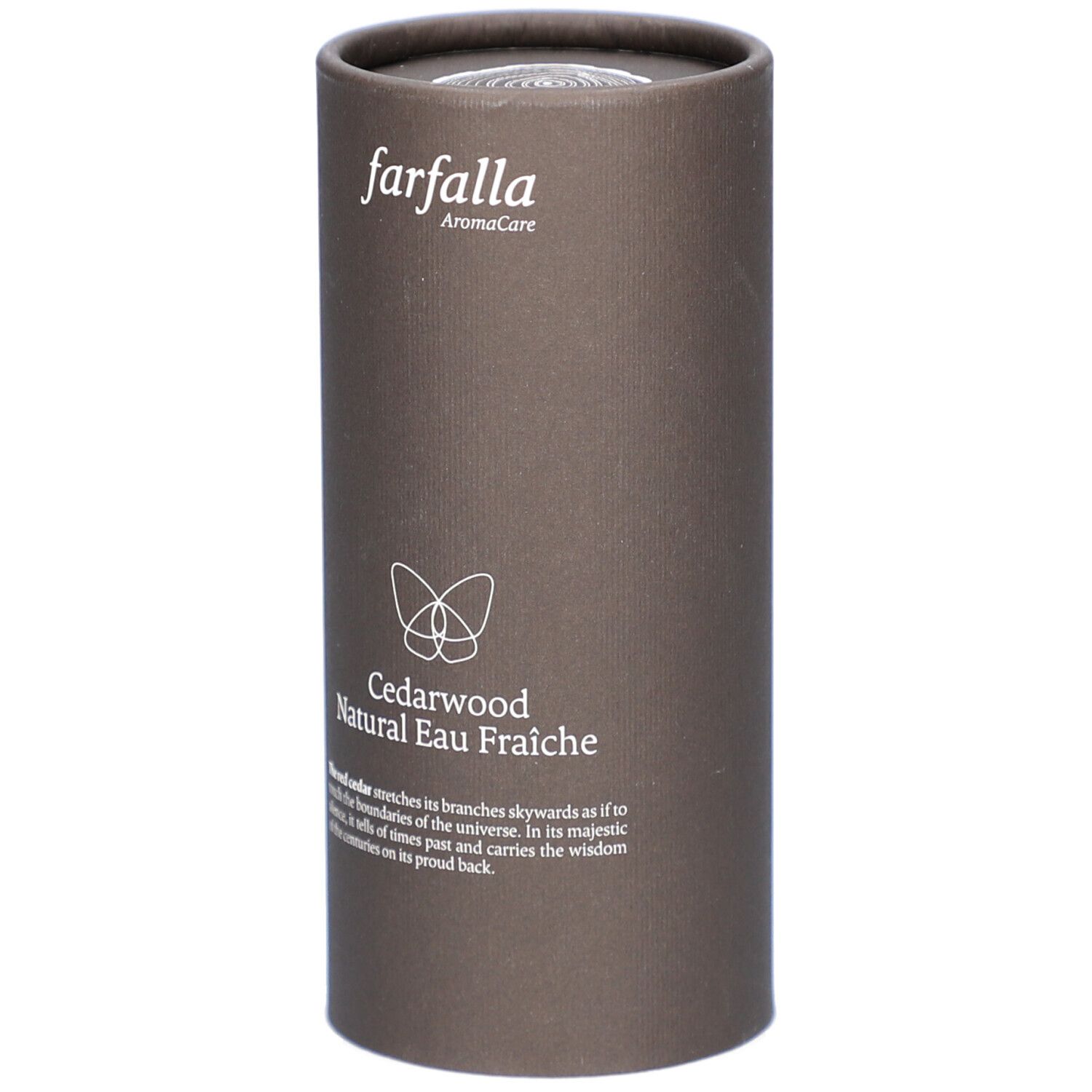 Tube en carton brun avec inscription "farfalla AromaCare Cedarwood Natural Eau Fraîche".