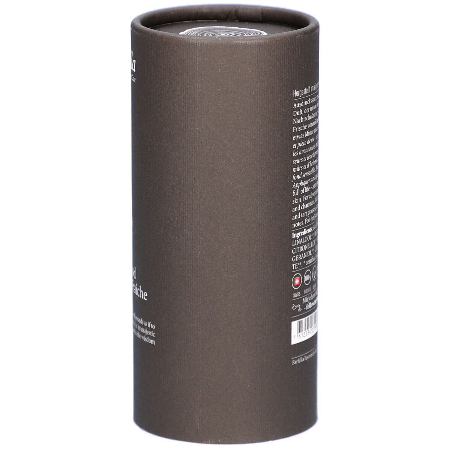 Emballage cylindrique brun avec texte blanc et symboles.