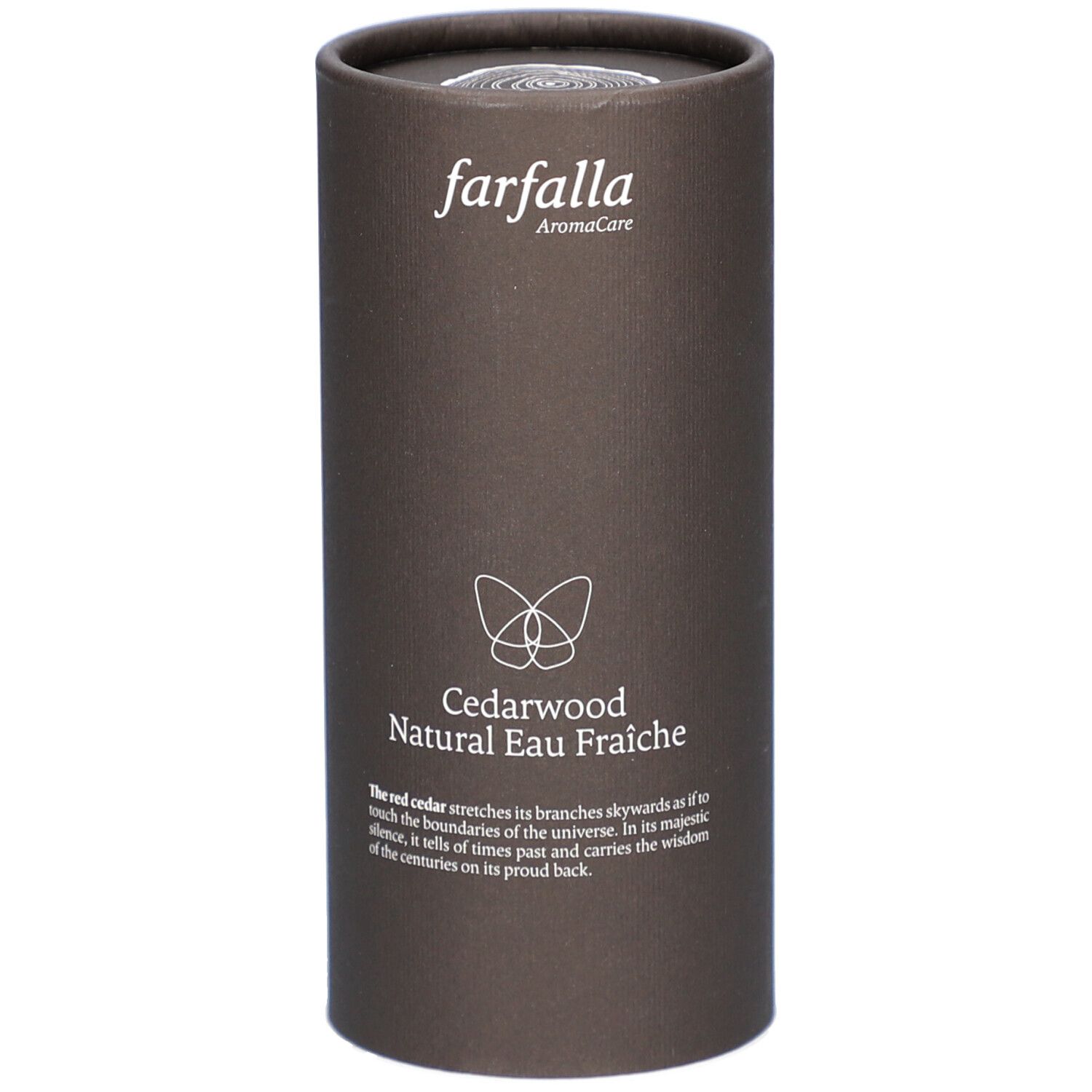 Tube en carton marron avec inscriptions 'farfalla AromaCare Cedarwood Natural Eau Fraiche'.