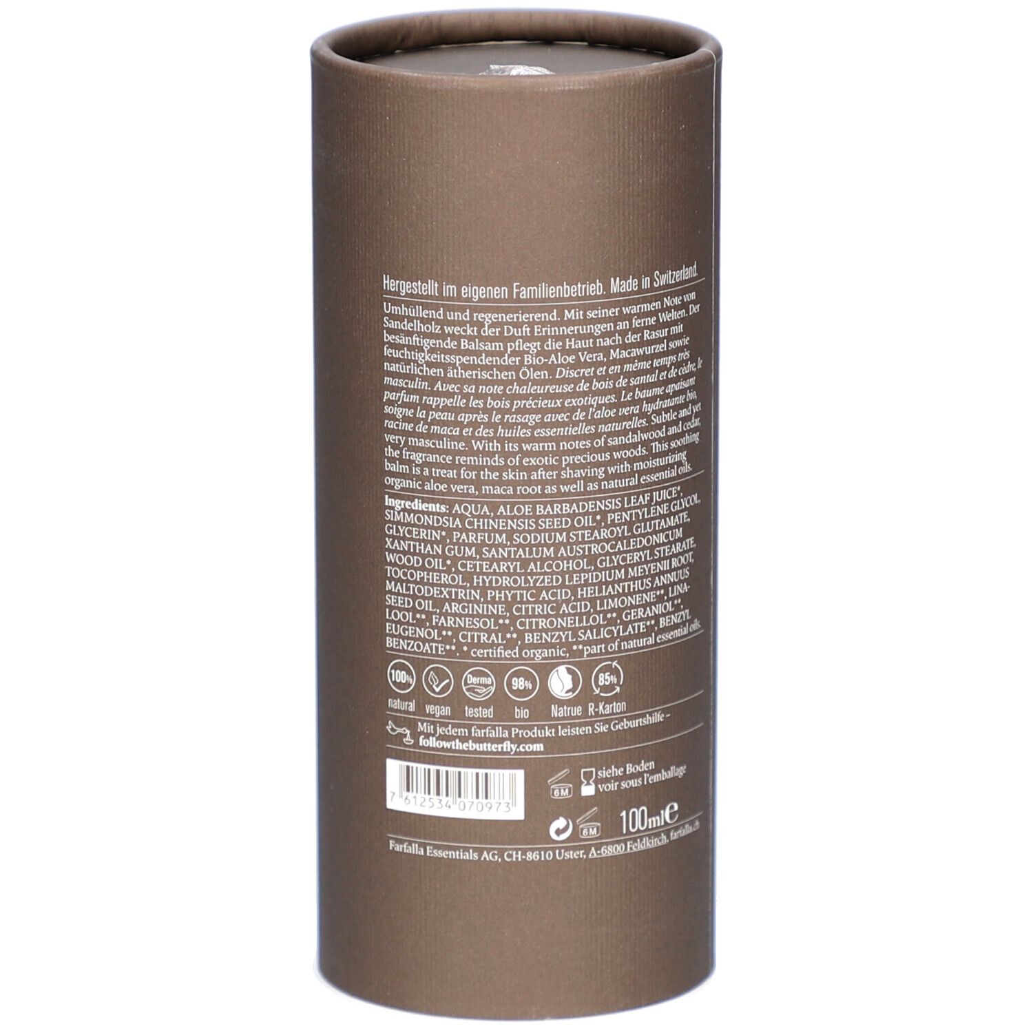 Emballage cylindrique marron. Dos avec ingrédients, informations fabricant et certifications.