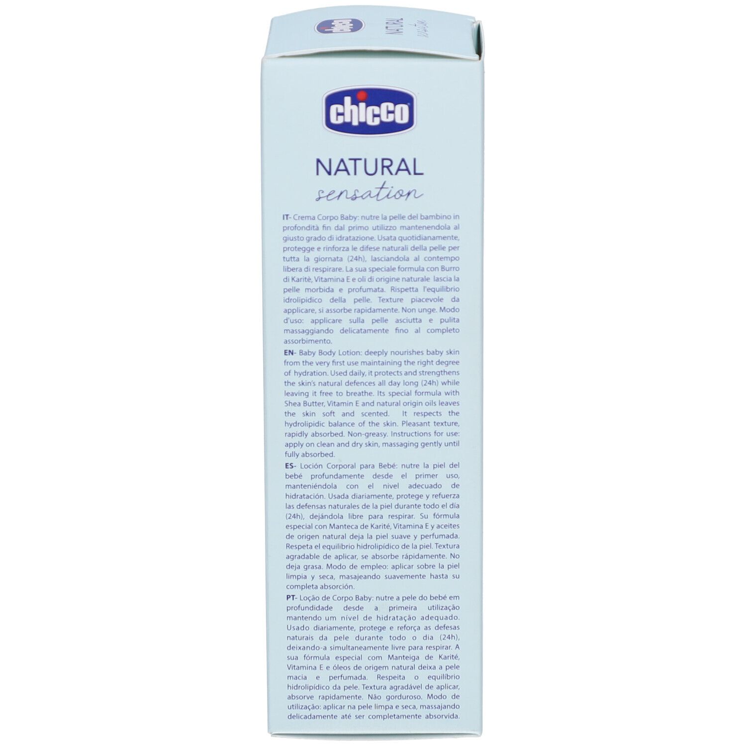 Dos de l'emballage carton. Texte multilingue. Marque Chicco. Informations sur le produit.