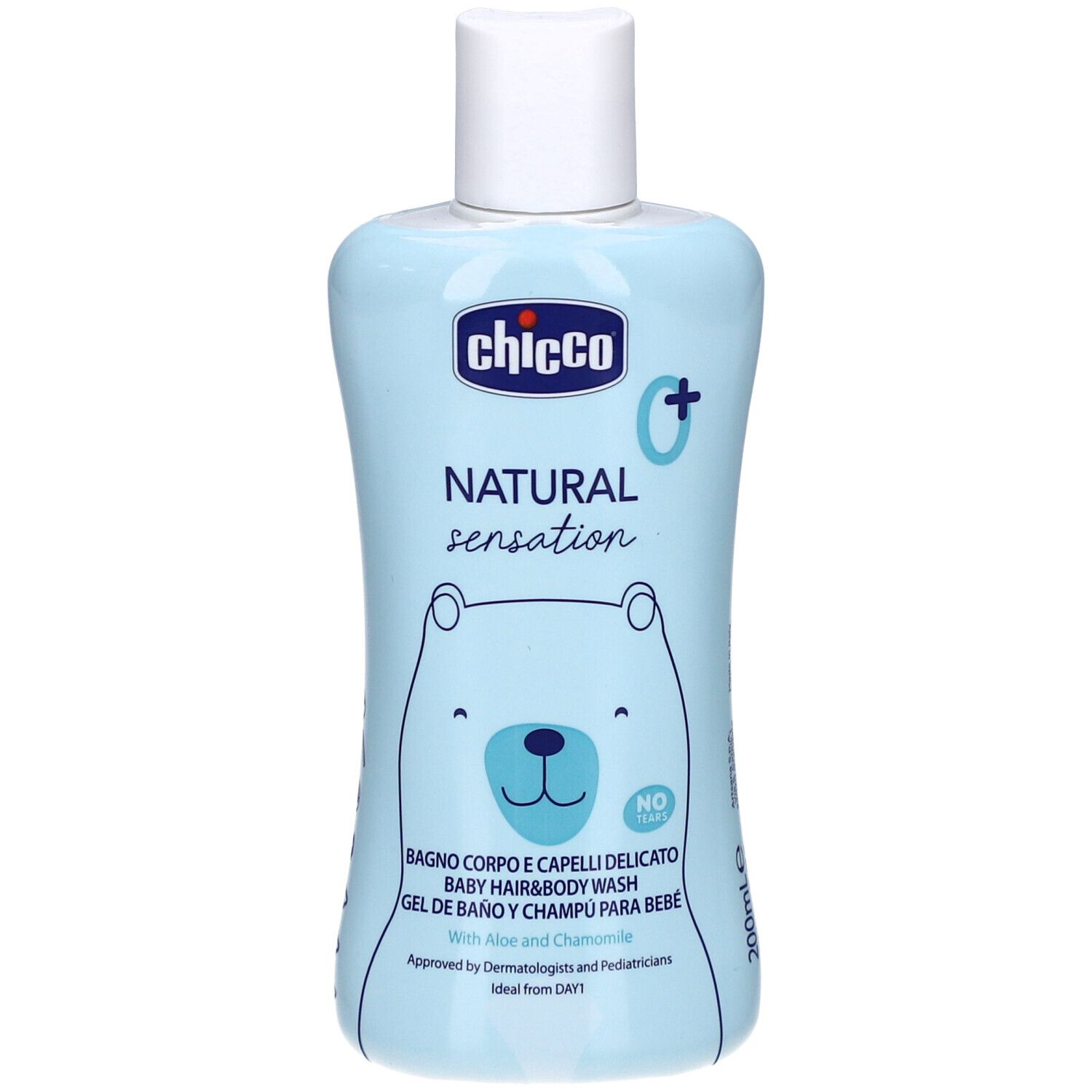 Flacon bleu clair avec bouchon blanc. Inscription: Chicco Natural Sensation. Image d'un ours. Texte: Baby Hair & Body Wash.