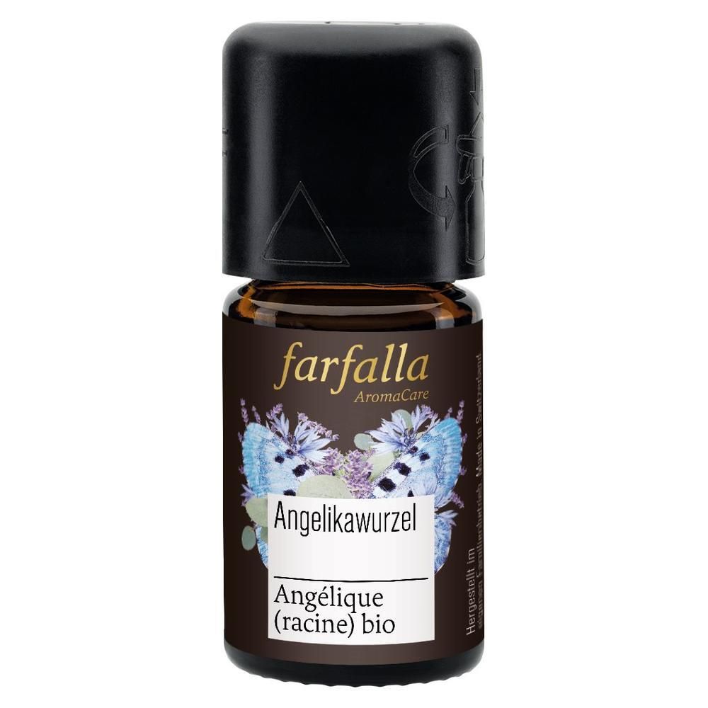 Flacon en verre brun avec bouchon noir. Étiquette avec nom du produit, marque farfalla et motif floral. Inscription: Angelikawurzel, Angélique (racine) bio.
