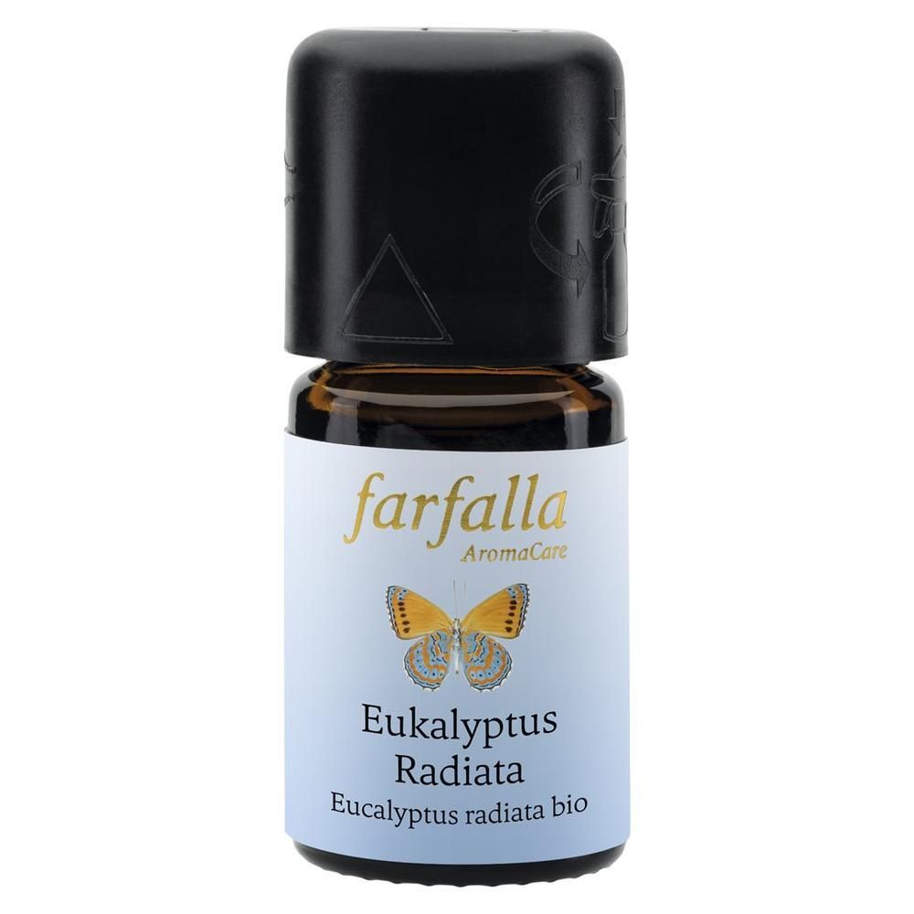 Flacon en verre brun avec bouchon noir. Étiquette avec "farfalla AromaCare", papillon et "Eucalyptus radiata bio".