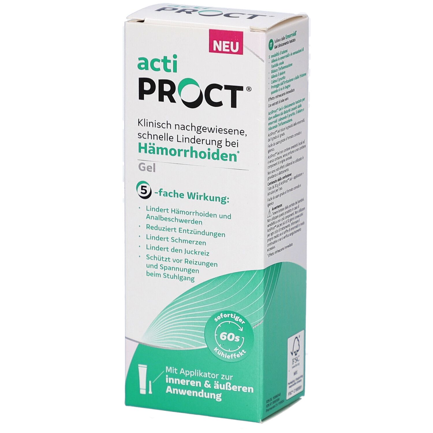 Boîte blanche ActiProct Gel. Texte: Soulagement rapide et cliniquement prouvé des hémorroïdes. Avec applicateur pour usage interne et externe.