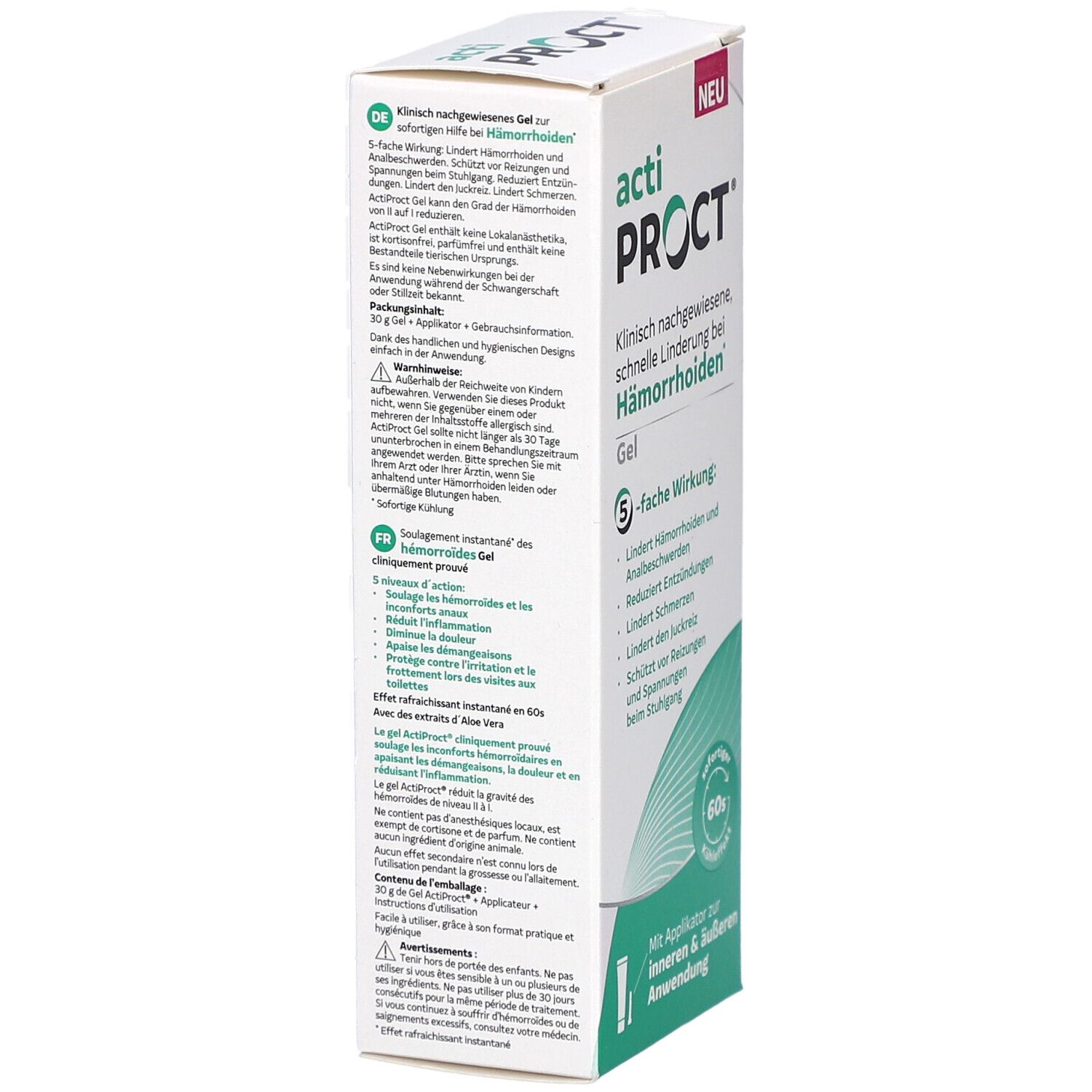 Boîte ActiProct Gel. Texte en allemand et français. Contient des informations sur l'utilisation et les ingrédients. Certification FSC.
