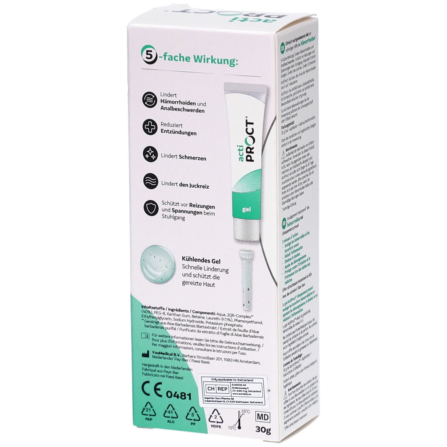 Dos de l'emballage ActiProct Gel. Contient des informations sur le produit, les ingrédients et le marquage CE. Tube de 30g.