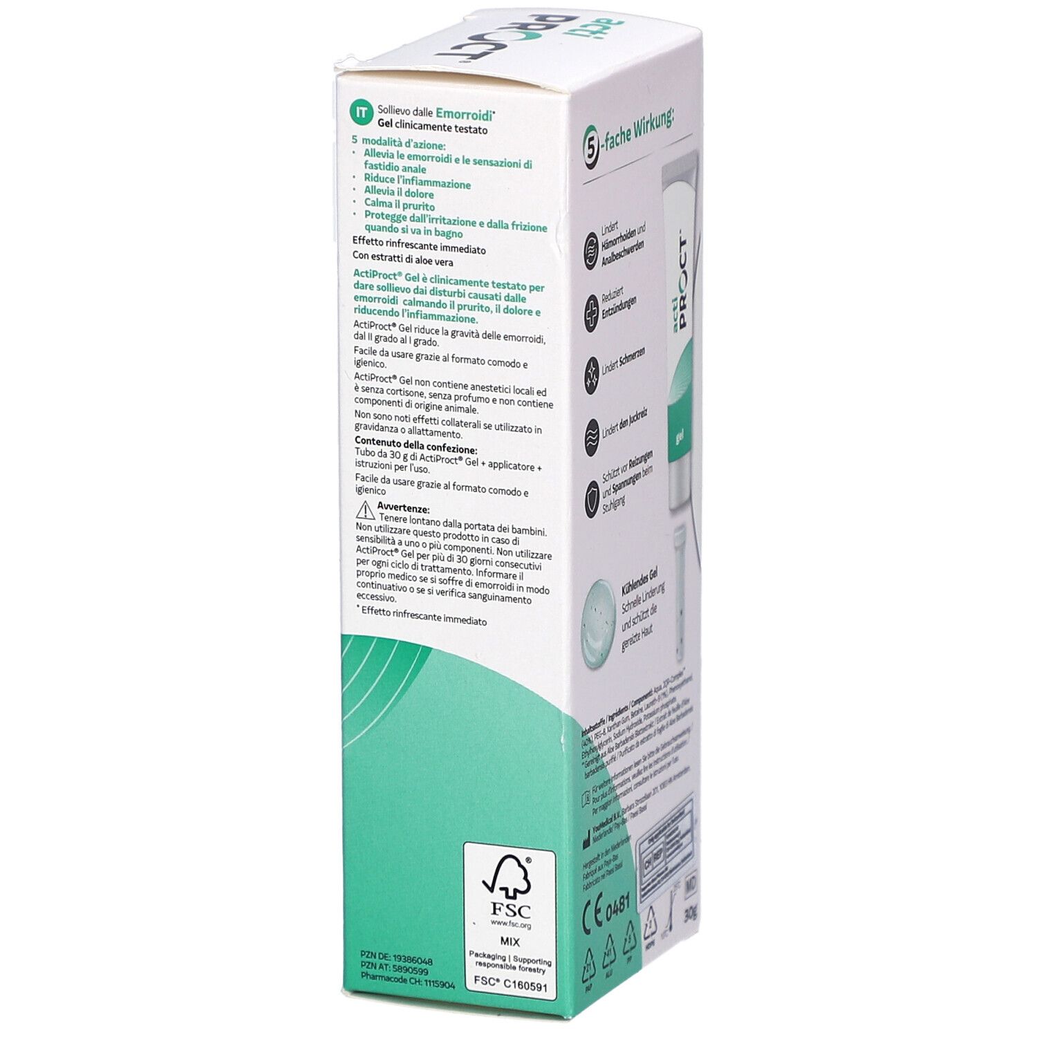 Côté de l'emballage ActiProct Gel. Texte en italien. Contient des informations sur l'utilisation et les ingrédients. Certification FSC.