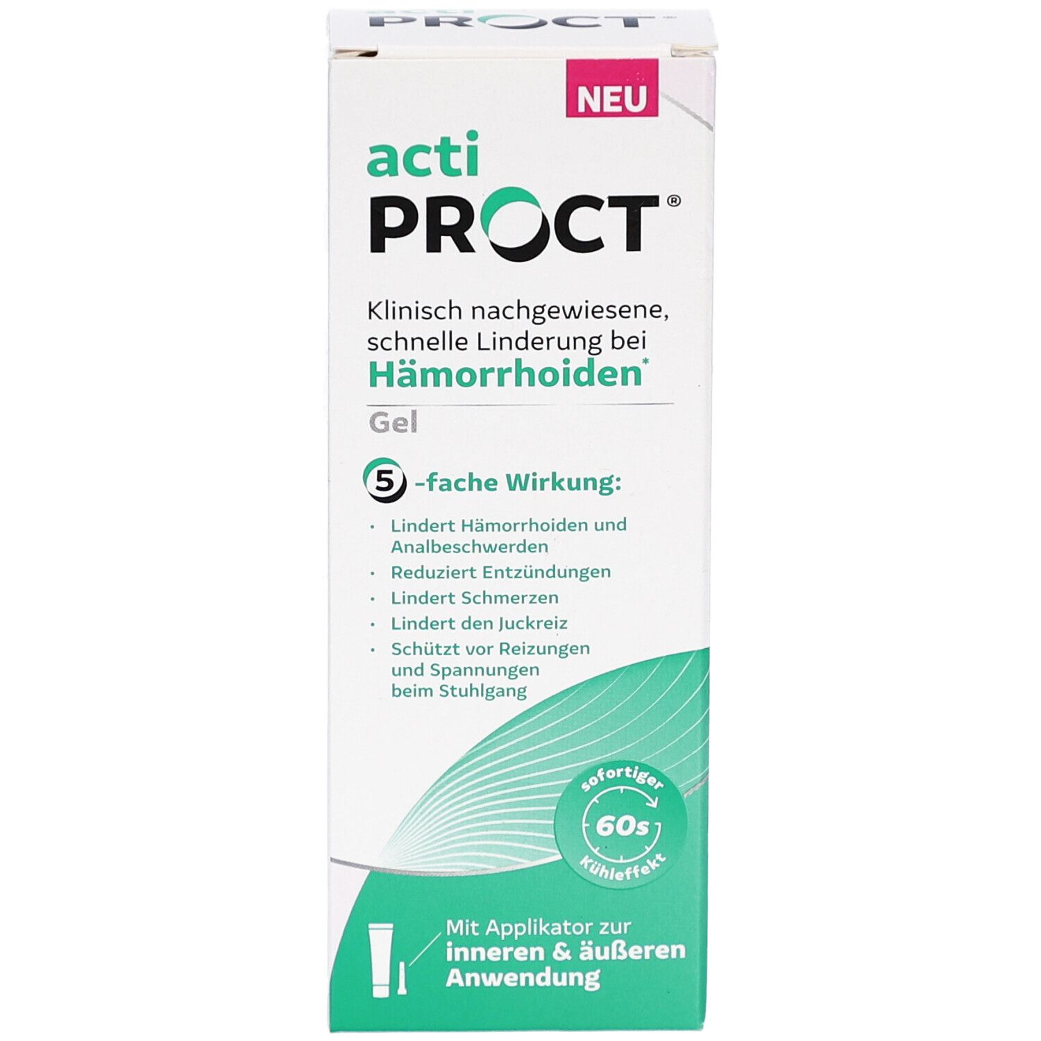 Boîte blanche ActiProct Gel. Texte: Soulagement rapide et cliniquement prouvé des hémorroïdes. Avec applicateur pour usage interne et externe.
