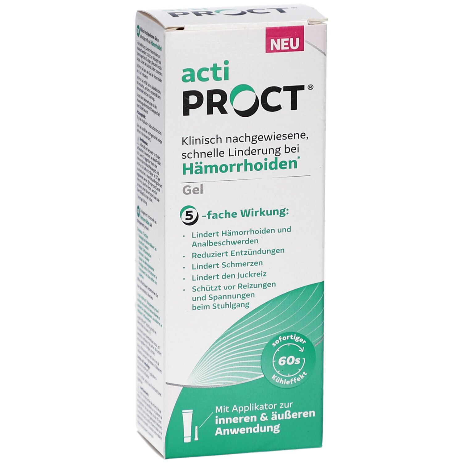 Boîte blanche ActiProct Gel. Texte: Soulagement rapide et cliniquement prouvé des hémorroïdes. Avec applicateur pour usage interne et externe.