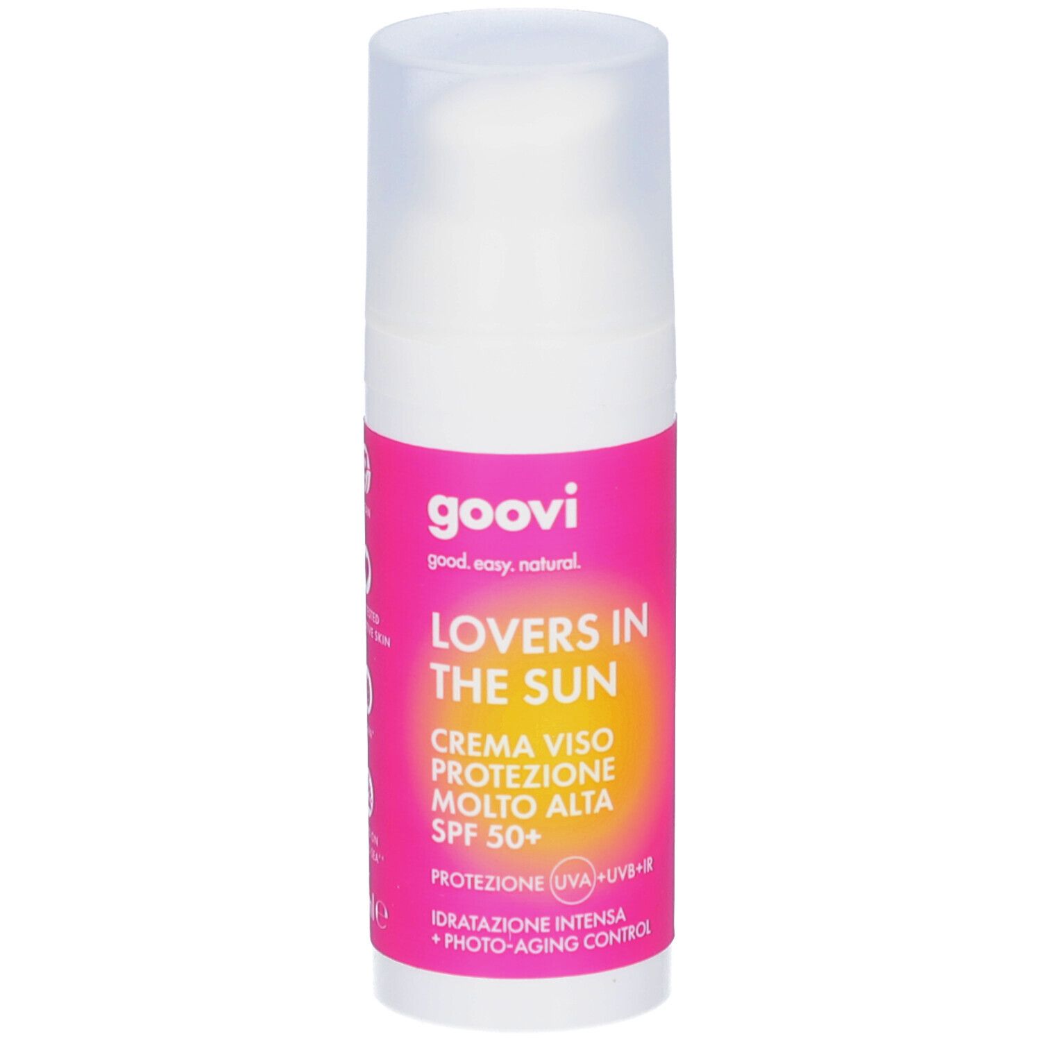 Flacon blanc avec étiquette rose. Inscription: GOOVI, Lovers in the Sun, Crème Visage Protection Très Haute SPF 50+. Protection UV.