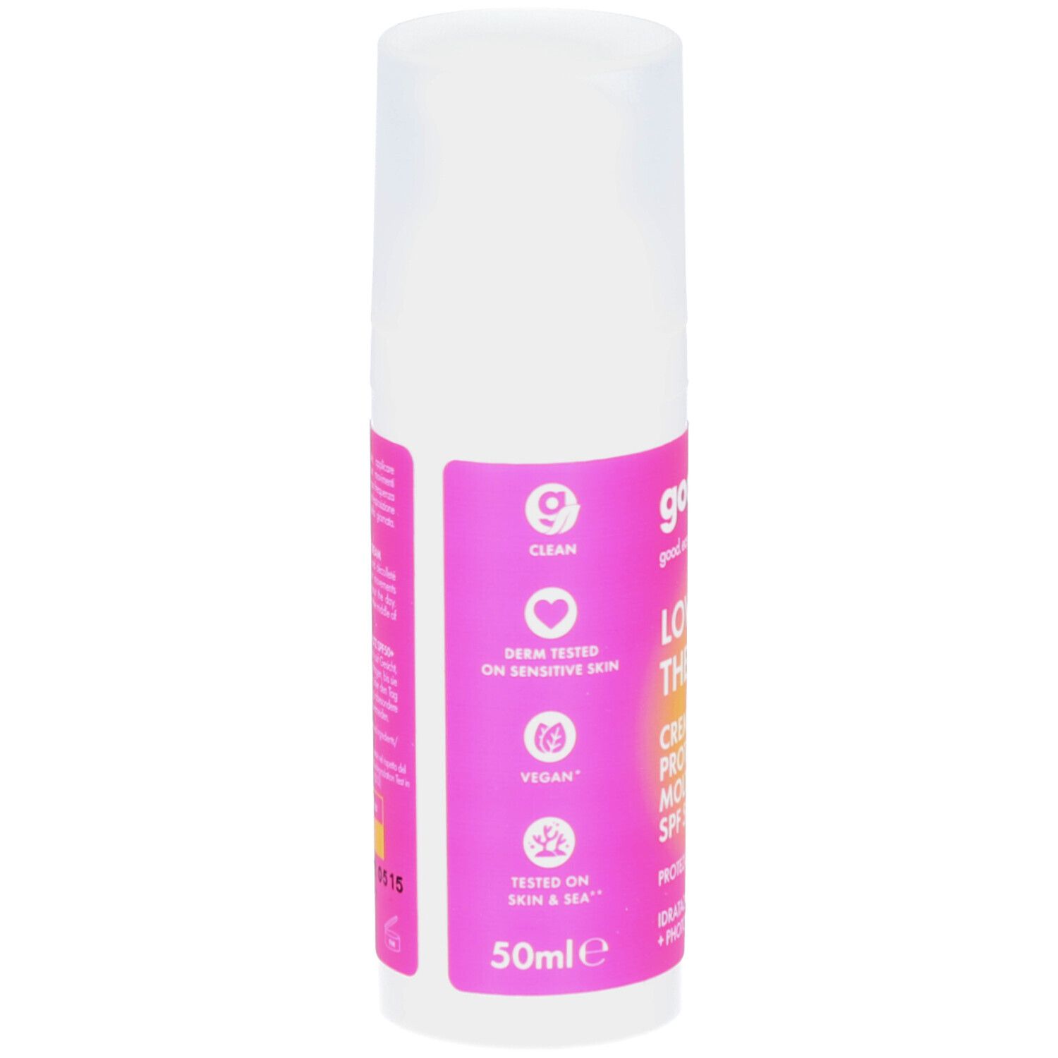 Flacon blanc avec étiquette rose. Inscription: GOOVI, Lovers in the Sun, Crème Visage Protection Très Haute SPF 50+. Végétalien, testé dermatologiquement.