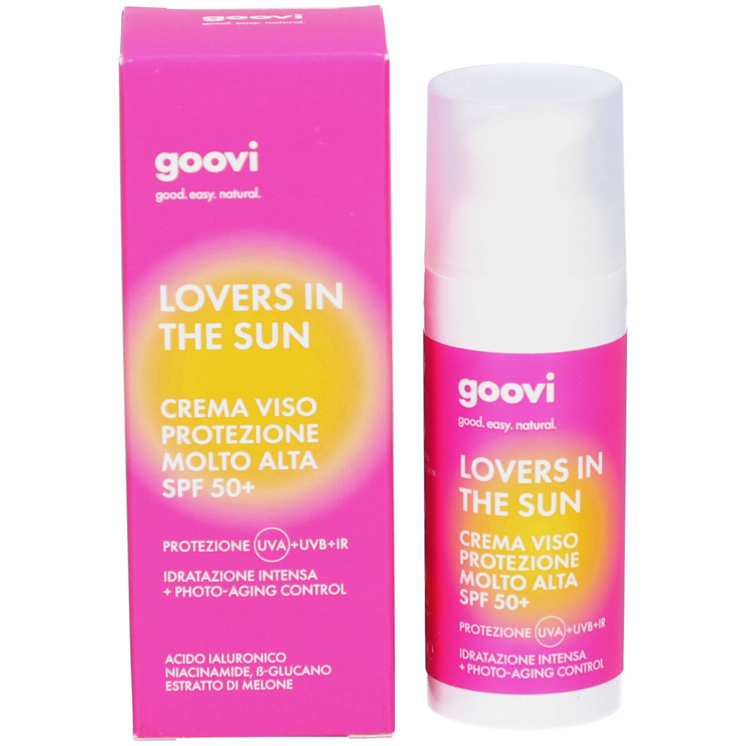 Boîte rose et flacon blanc. Inscription: GOOVI, Lovers in the Sun, Crème Visage Protection Très Haute SPF 50+. Protection UV.