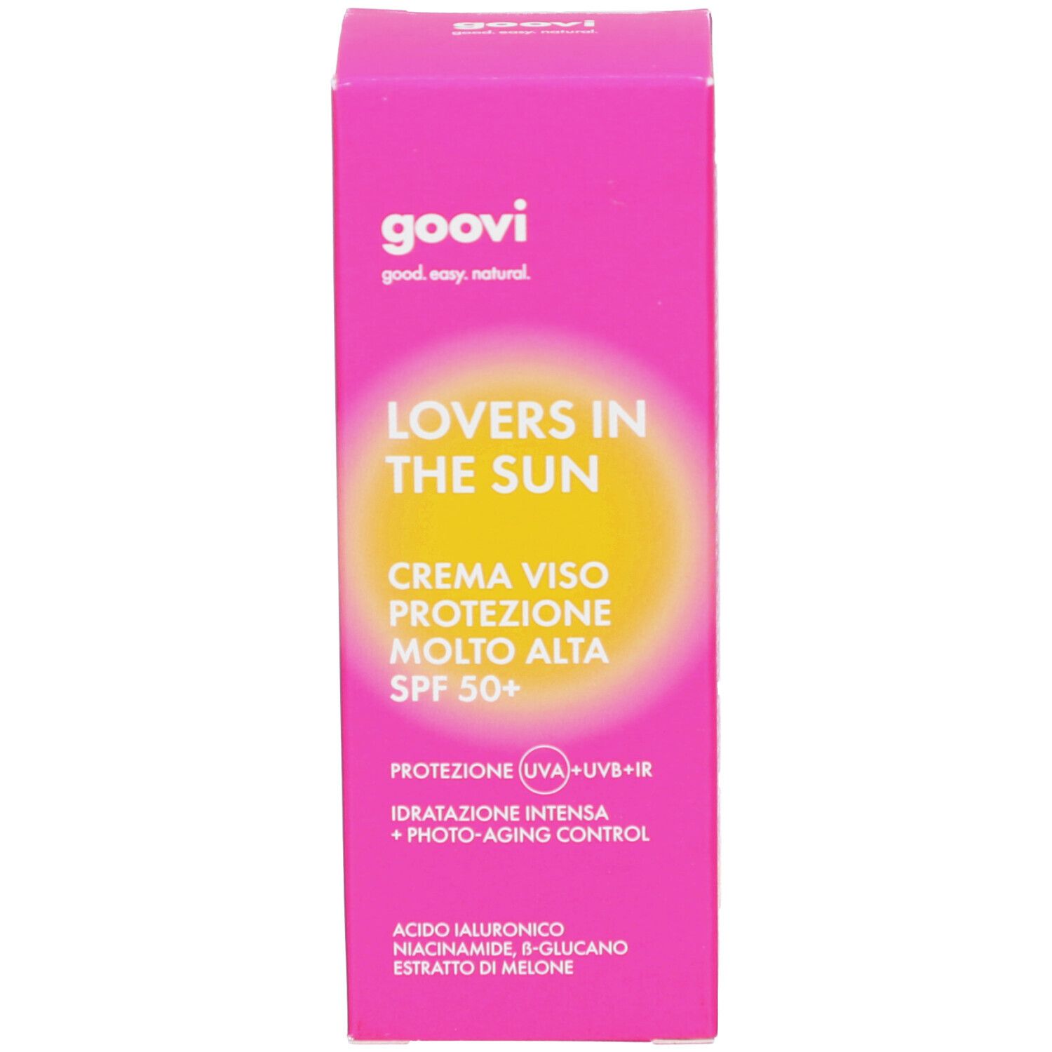 Boîte rose. Inscription: GOOVI, Lovers in the Sun, Crème Visage Protection Très Haute SPF 50+. Protection UV. Ingrédients.