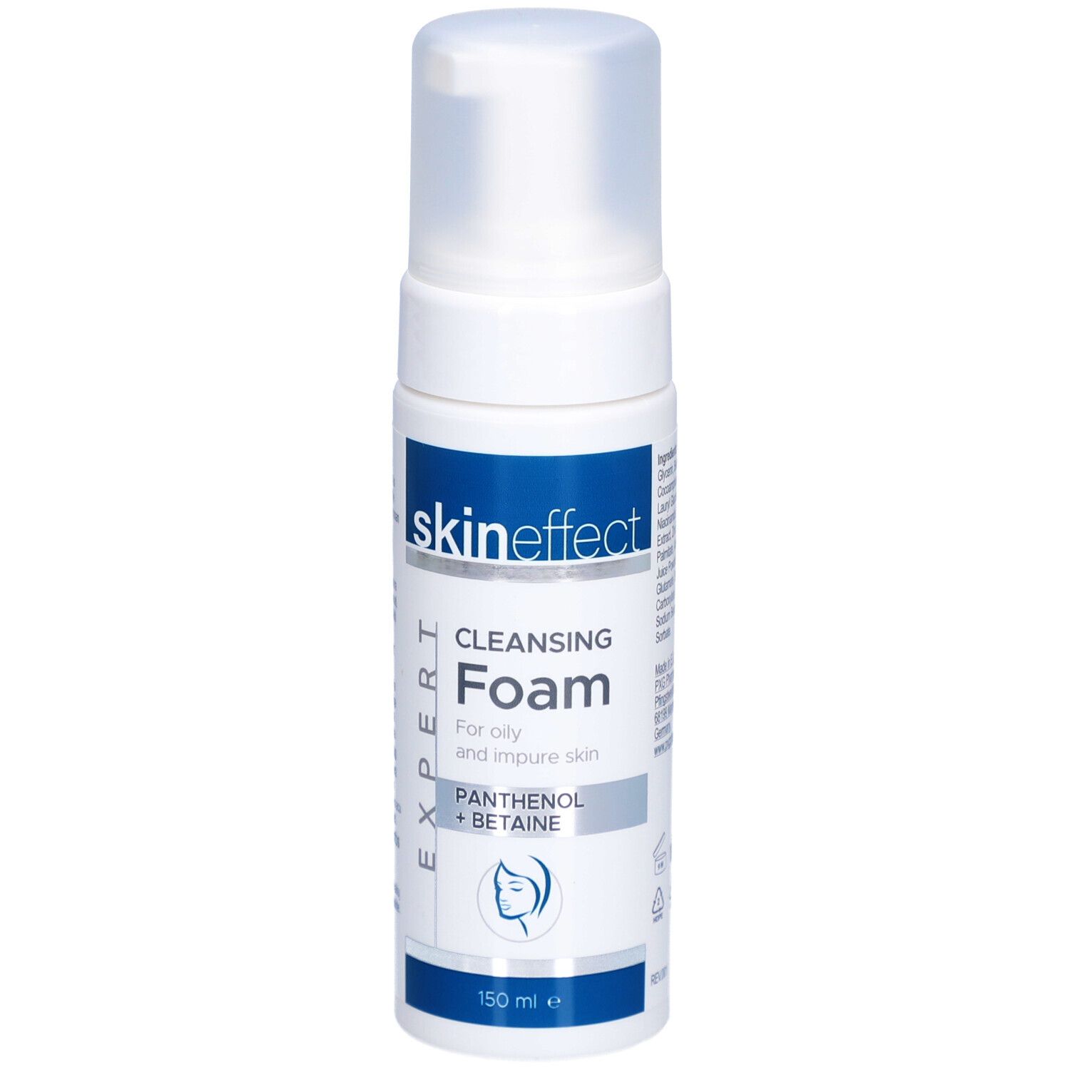 Flacon blanc «skineffect» et «Cleansing Foam». Pour peaux grasses et impures. Avec Panthénol + Bétaïne. 150 ml.