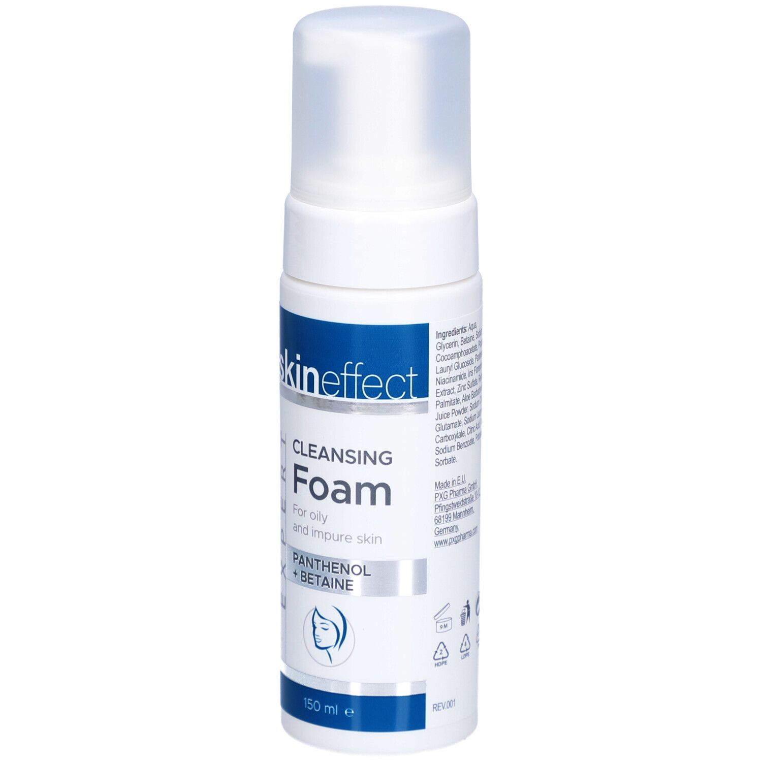Flacon blanc «skineffect» et «Cleansing Foam». Pour peaux grasses et impures. Avec Panthénol + Bétaïne. 150 ml.