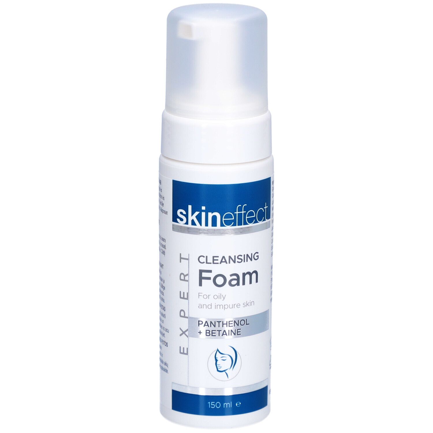 Flacon blanc «skineffect» et «Cleansing Foam». Pour peaux grasses et impures. Avec Panthénol + Bétaïne. 150 ml.