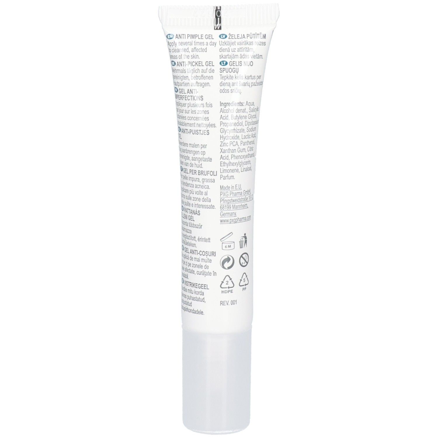 Arrière du tube de Gel Anti-Boutons SKINEFFECT avec ingrédients et instructions.