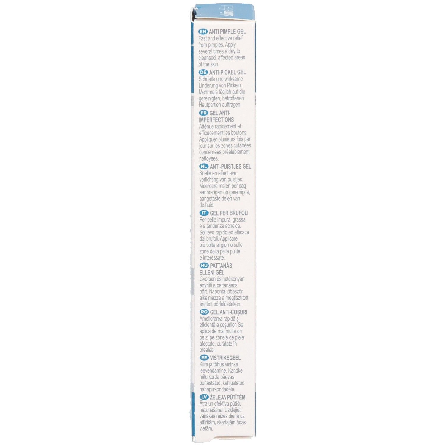 Vue latérale de la boîte de Gel Anti-Boutons SKINEFFECT avec informations produit multilingues.