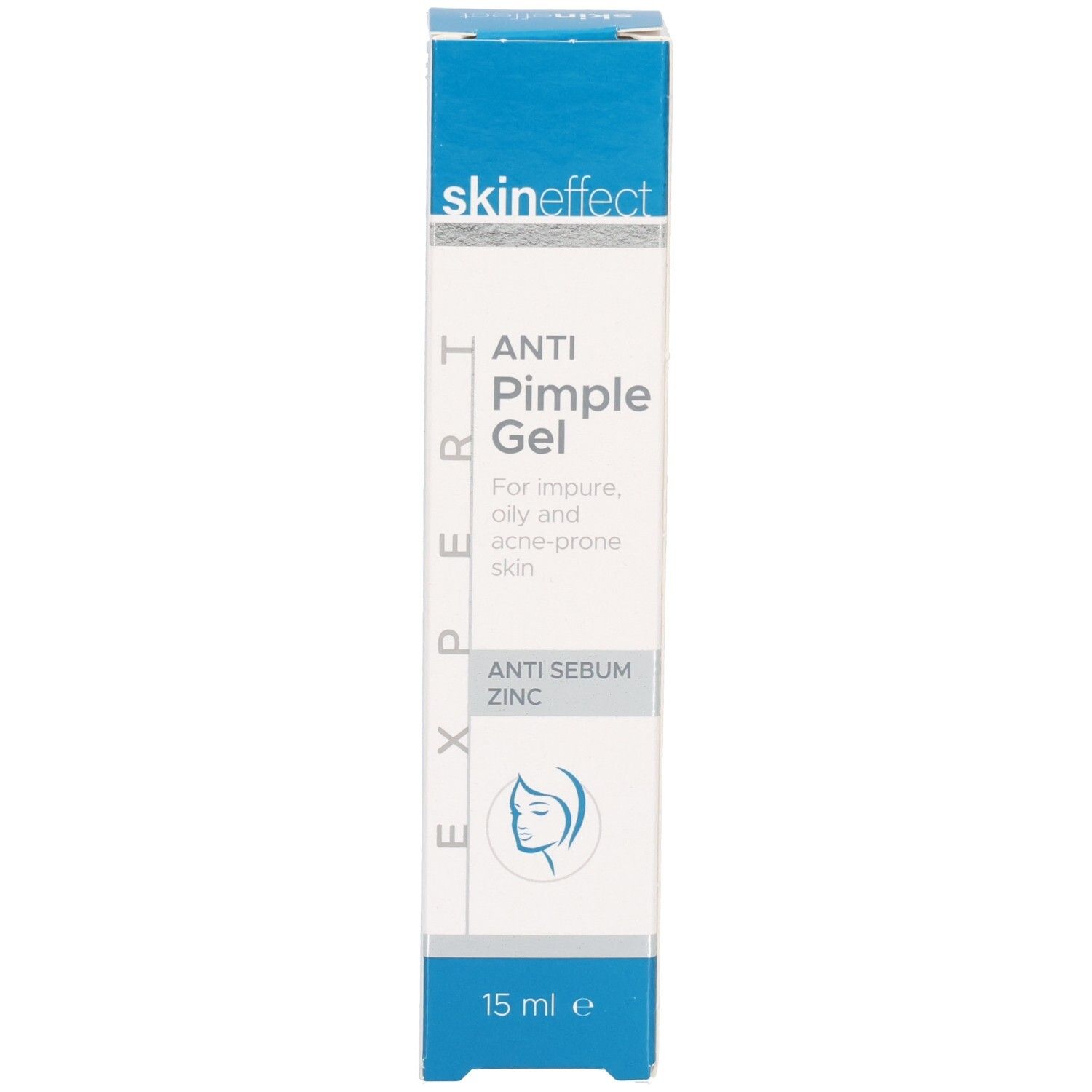 Vue latérale de la boîte de Gel Anti-Boutons SKINEFFECT avec informations produit.