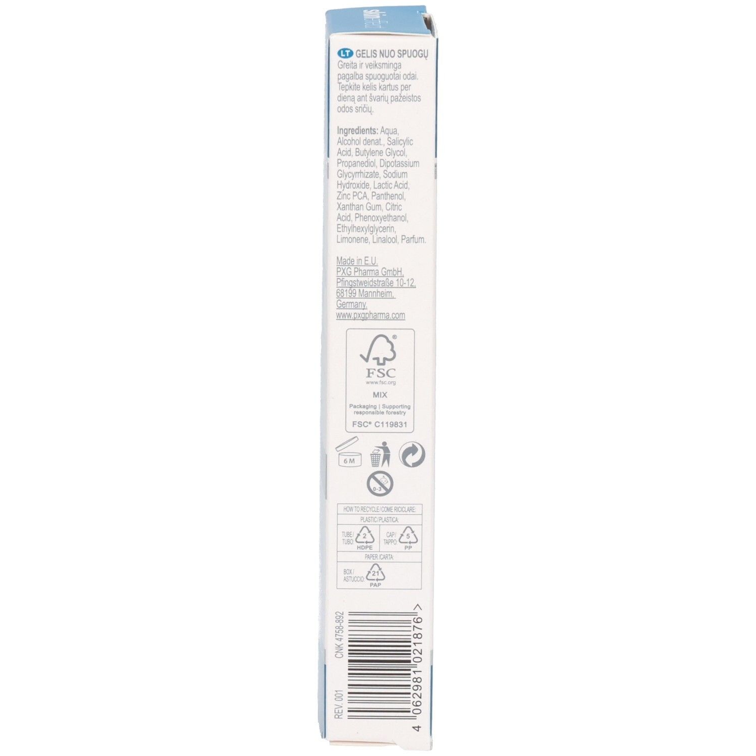 Vue latérale de la boîte de Gel Anti-Boutons SKINEFFECT avec logo FSC et informations produit.
