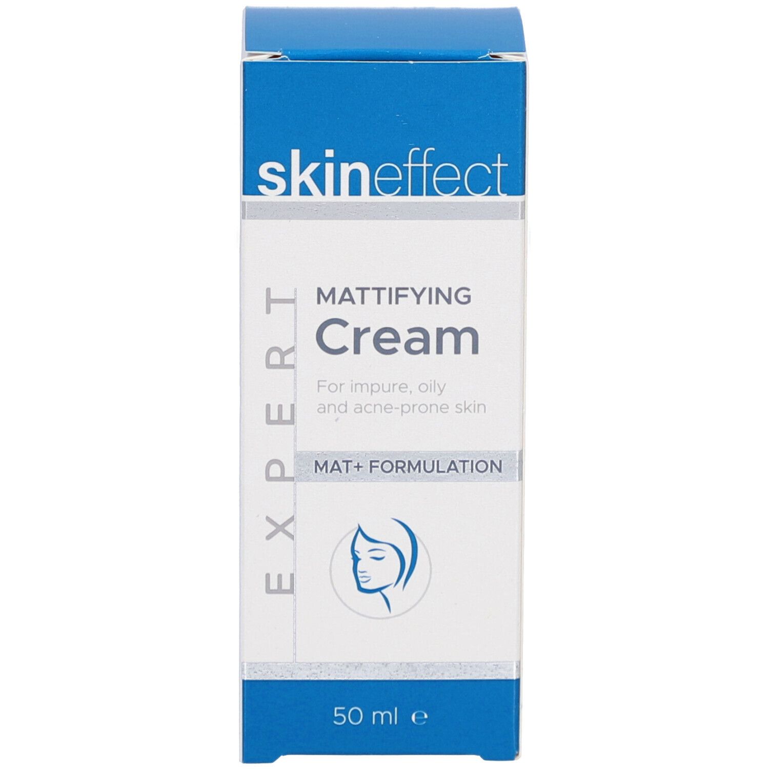 Boîte "skineffect Mattifying Cream". Boîte blanche, couvercle bleu, texte. 50 ml.