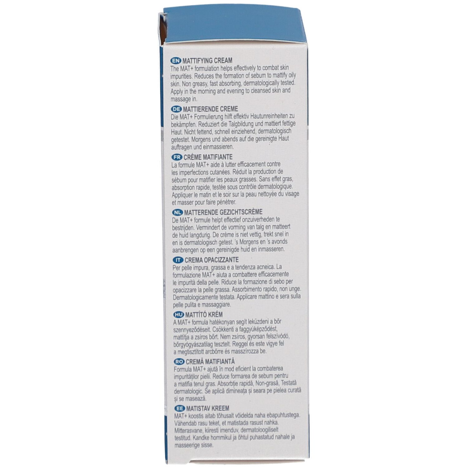 Côté de la boîte "Mattifying Cream". Descriptions multilingues, dont le français.