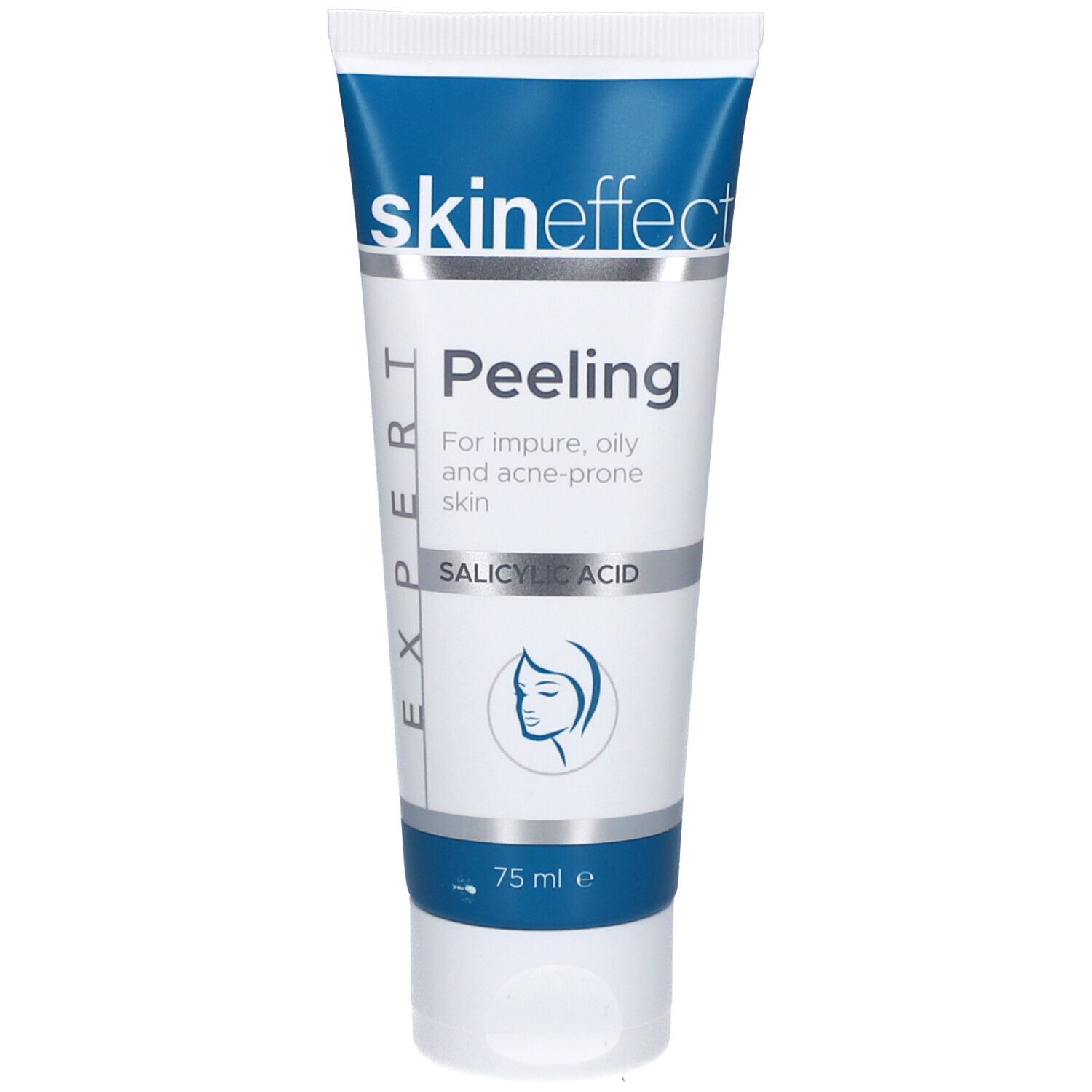 Tube de Skineffect Peeling. Blanc, bleu. Inscription : Peeling, Acide salicylique. 75 ml.