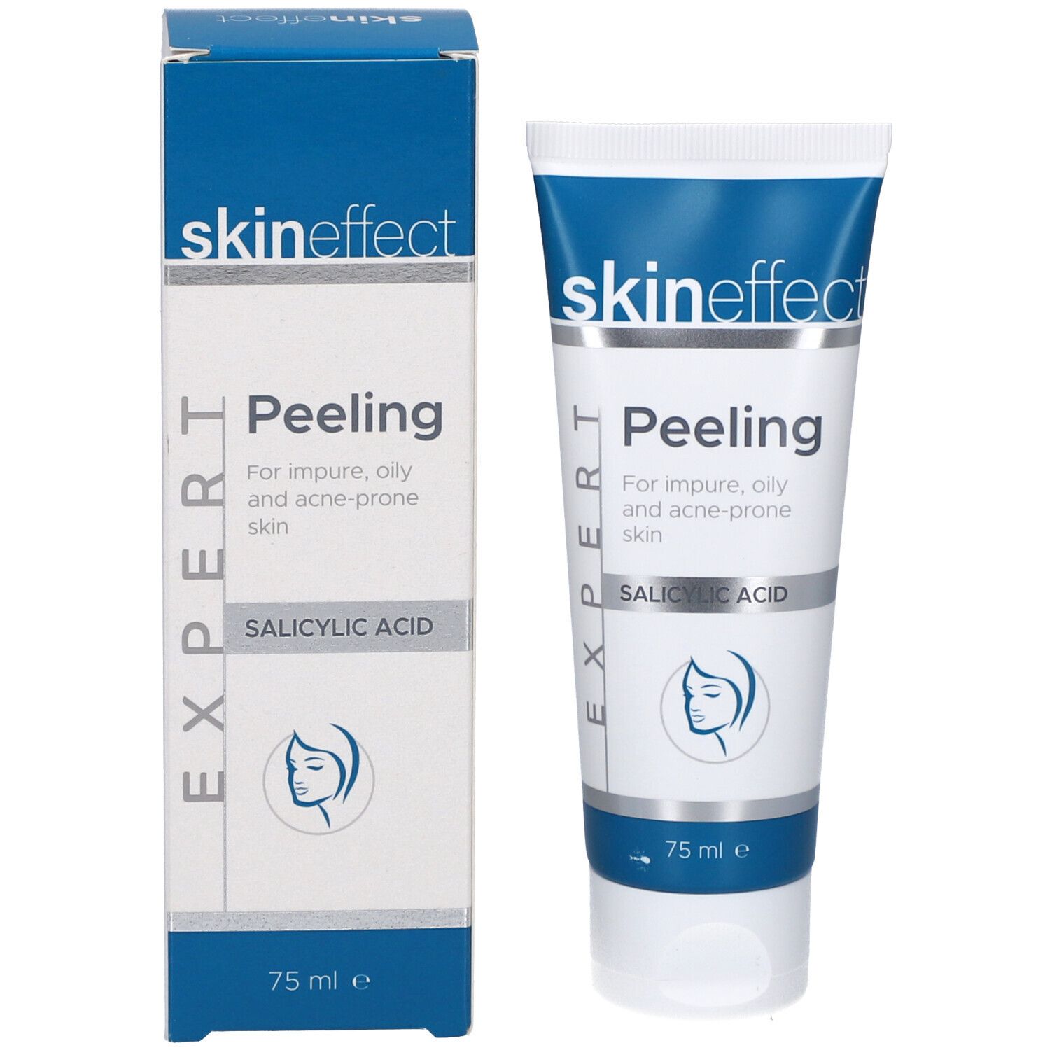 Tube et emballage Skineffect Peeling. Blanc, bleu. Inscription : Peeling, Acide salicylique. 75 ml.